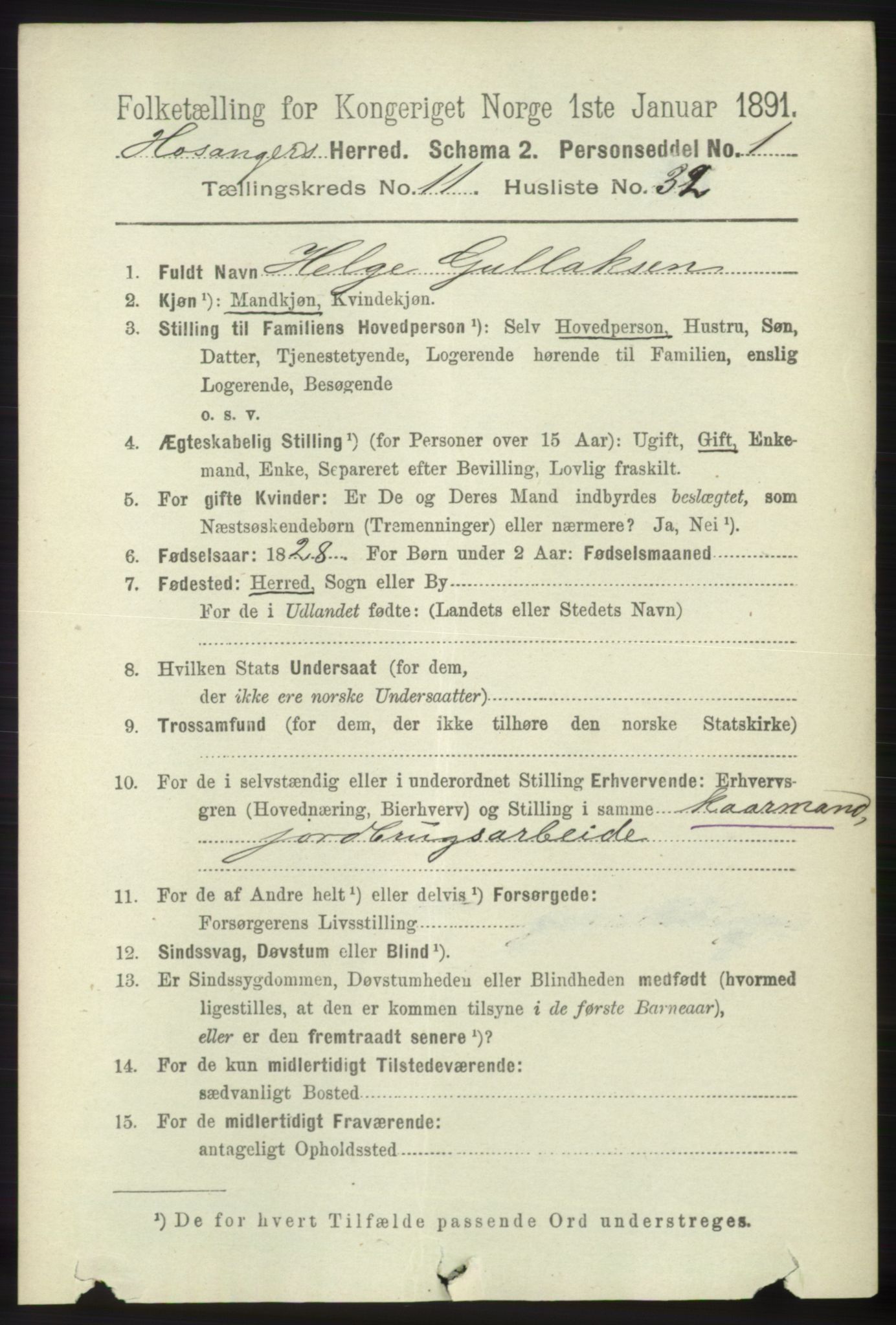 RA, 1891 census for 1253 Hosanger, 1891, p. 3958