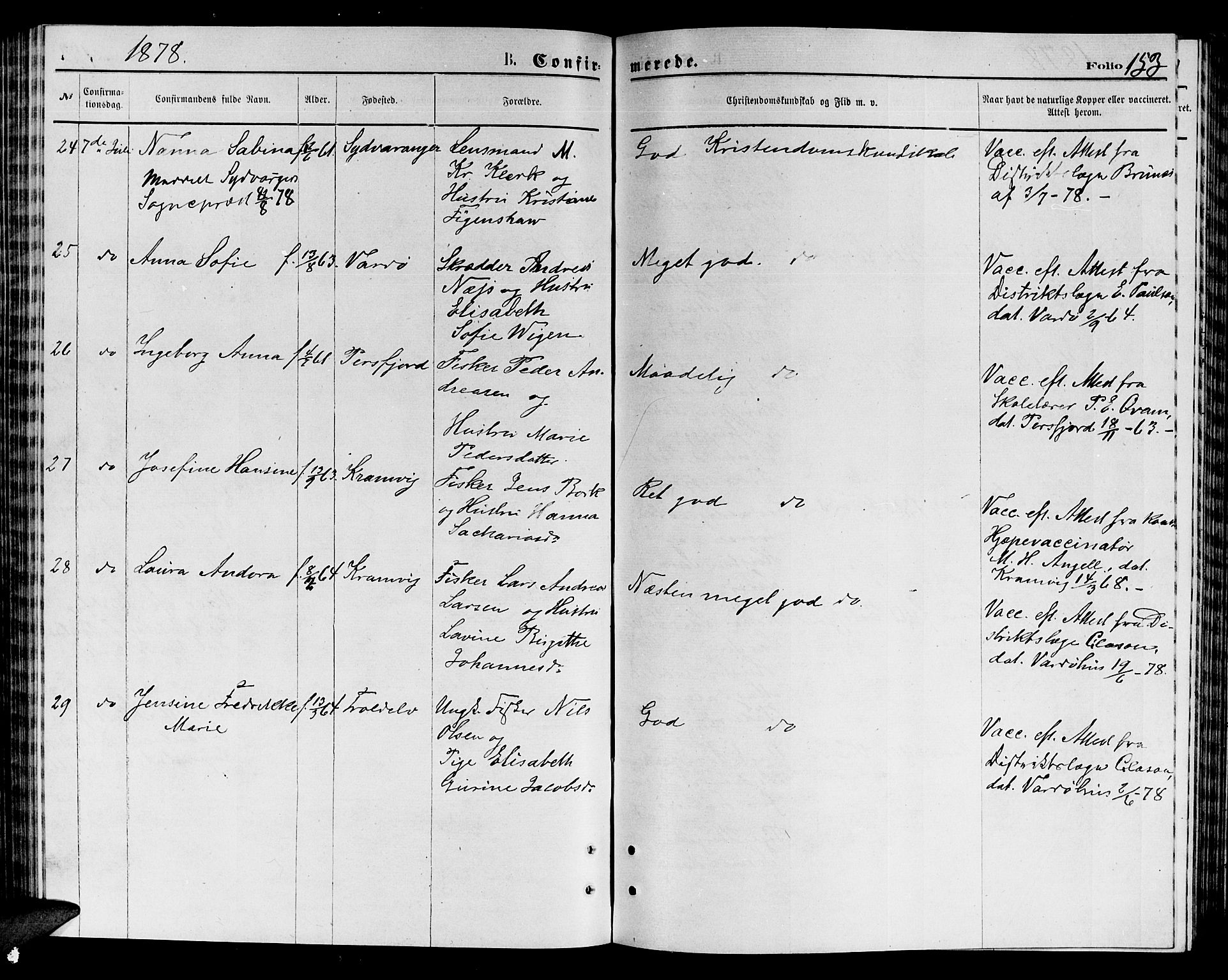 Vardø sokneprestkontor, AV/SATØ-S-1332/H/Hb/L0003klokker: Parish register (copy) no. 3, 1871-1878, p. 153