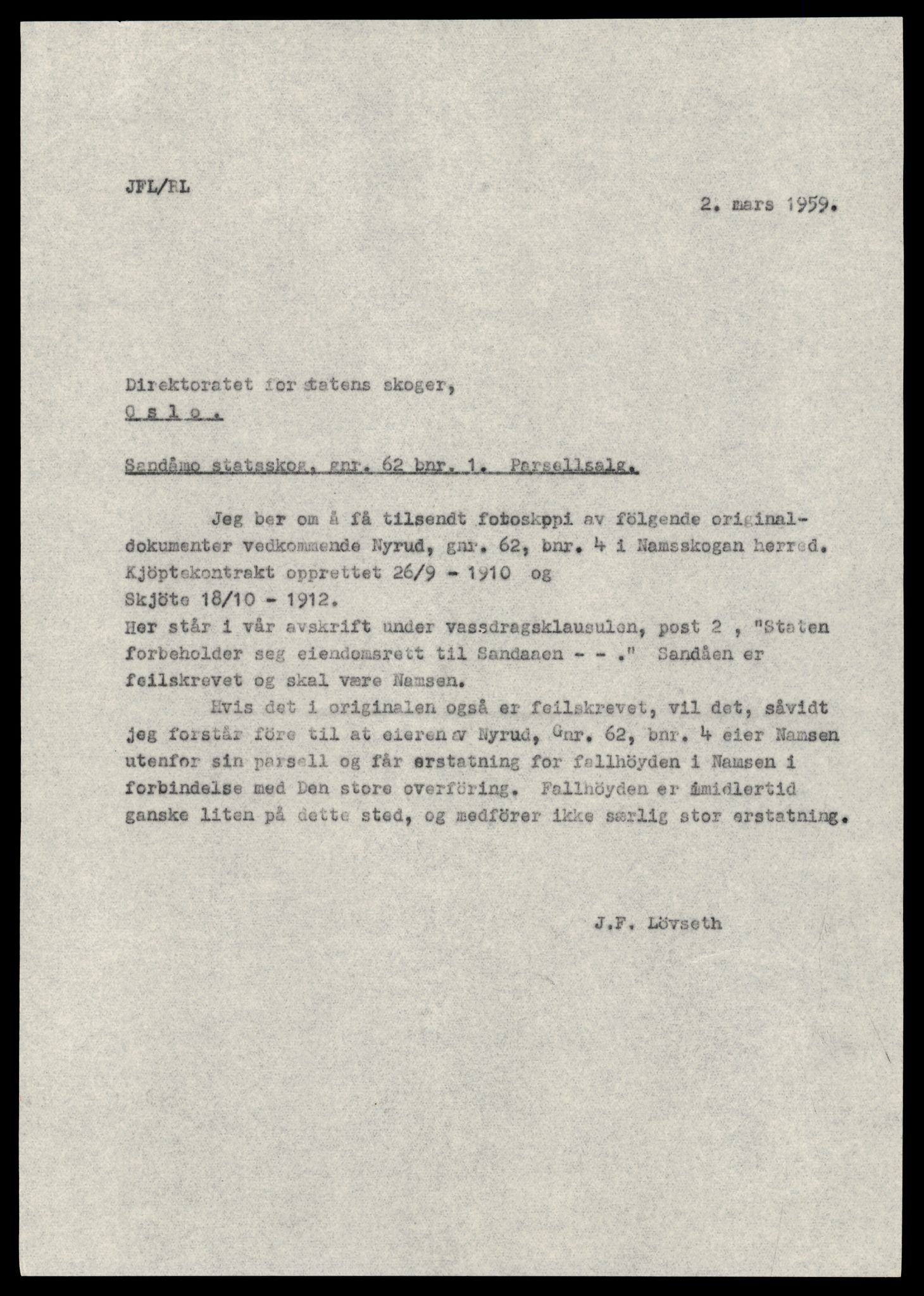 Statskog Trøndelag / Møre, AV/SAT-A-4532/1/D/Da/L0336/0007: Sakarkiv / Vassdragsreguleringer m.m. - Kraftverkene Øvre Namsen, diverse (grunnerstatninger), 1957-1963, p. 38