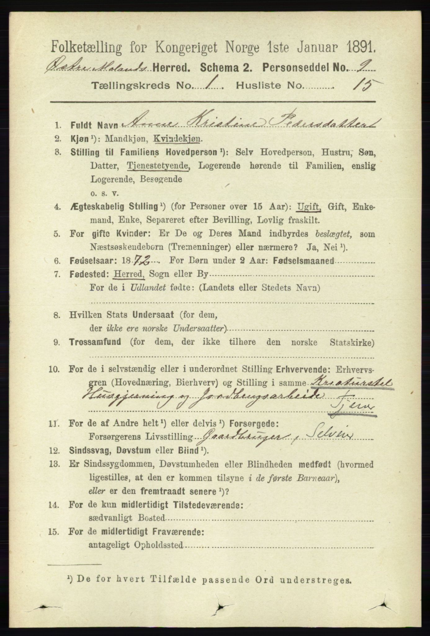 RA, 1891 census for 0918 Austre Moland, 1891, p. 185