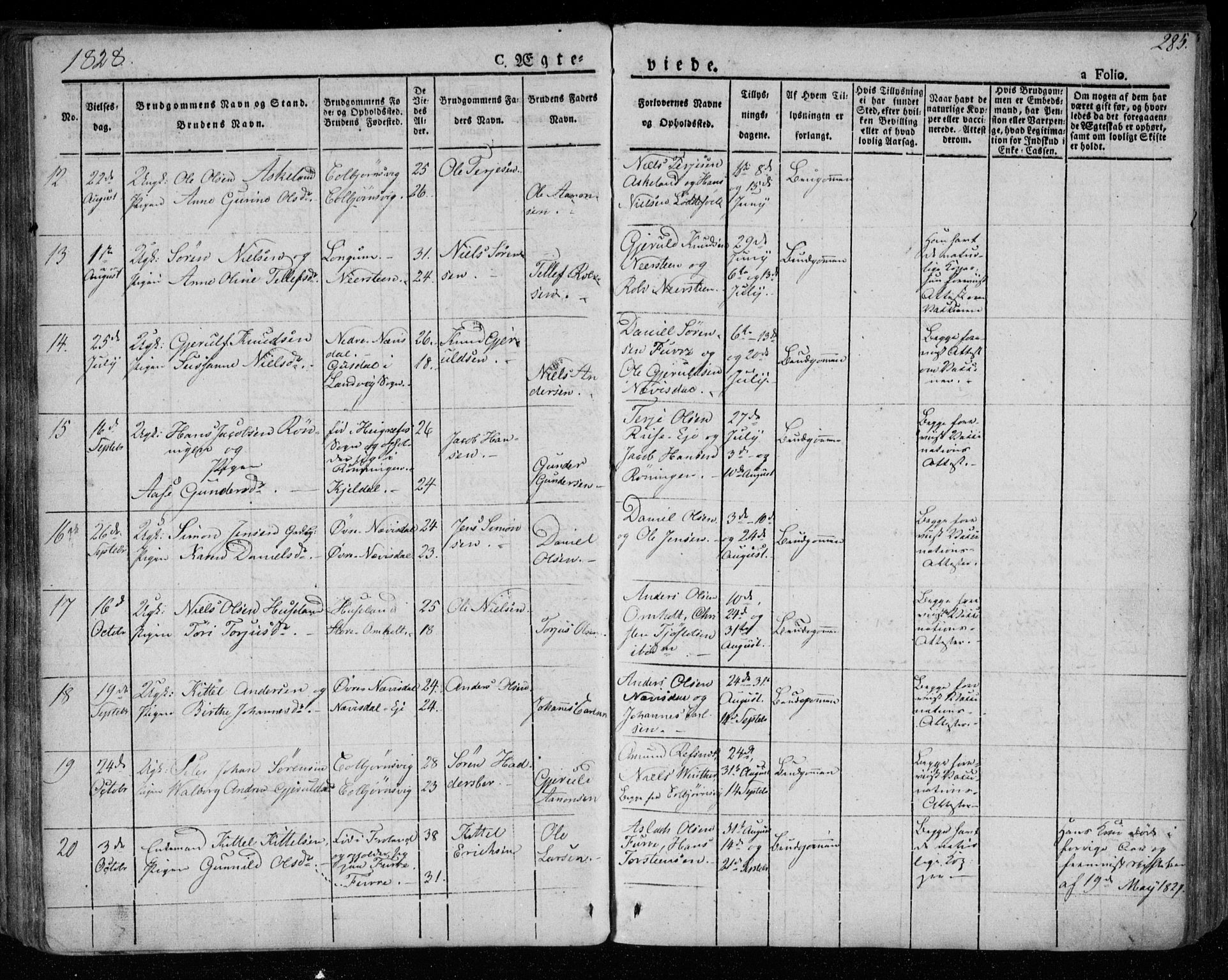 Øyestad sokneprestkontor, SAK/1111-0049/F/Fa/L0013: Parish register (official) no. A 13, 1827-1842, p. 285