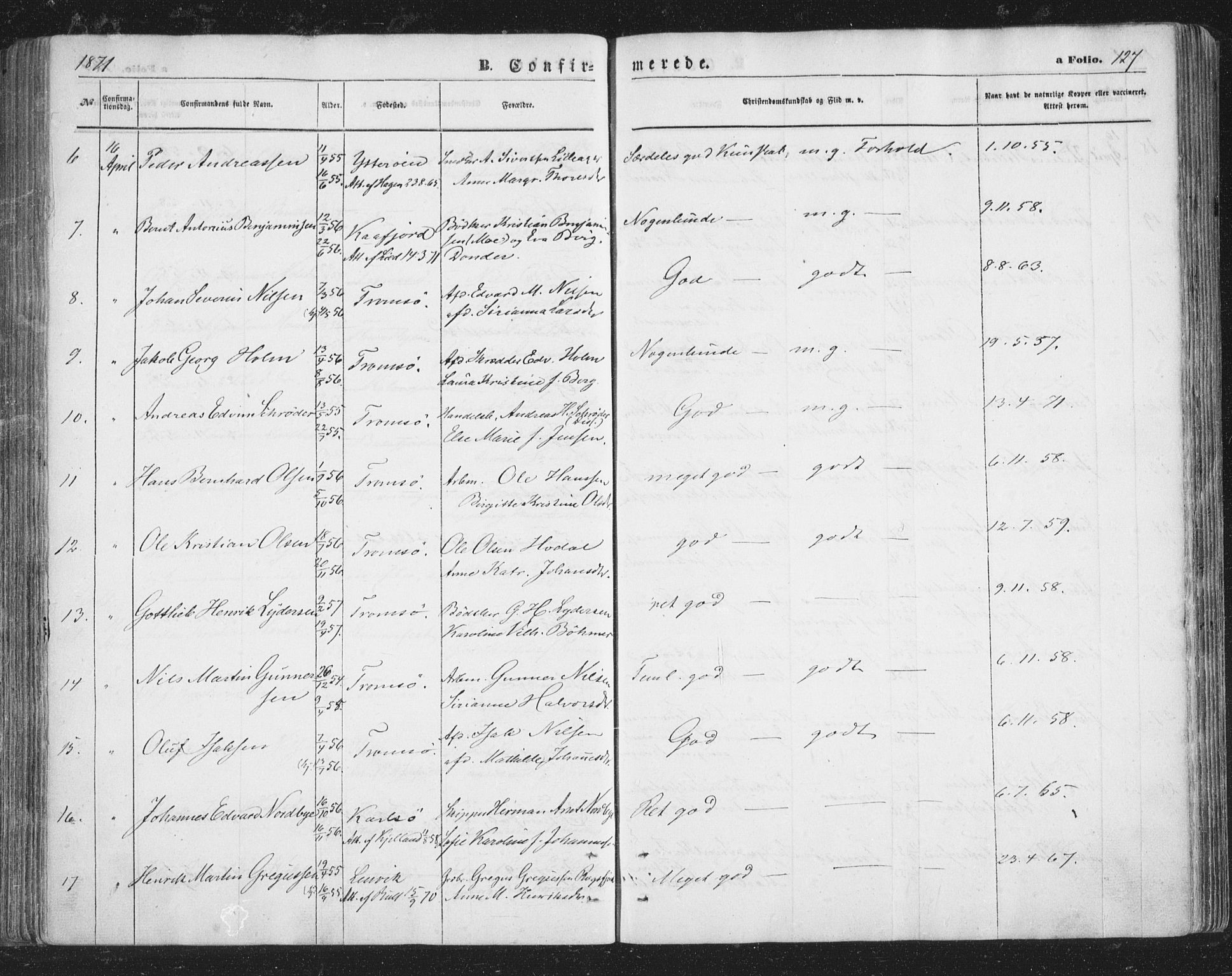 Tromsø sokneprestkontor/stiftsprosti/domprosti, SATØ/S-1343/G/Ga/L0012kirke: Parish register (official) no. 12, 1865-1871, p. 127
