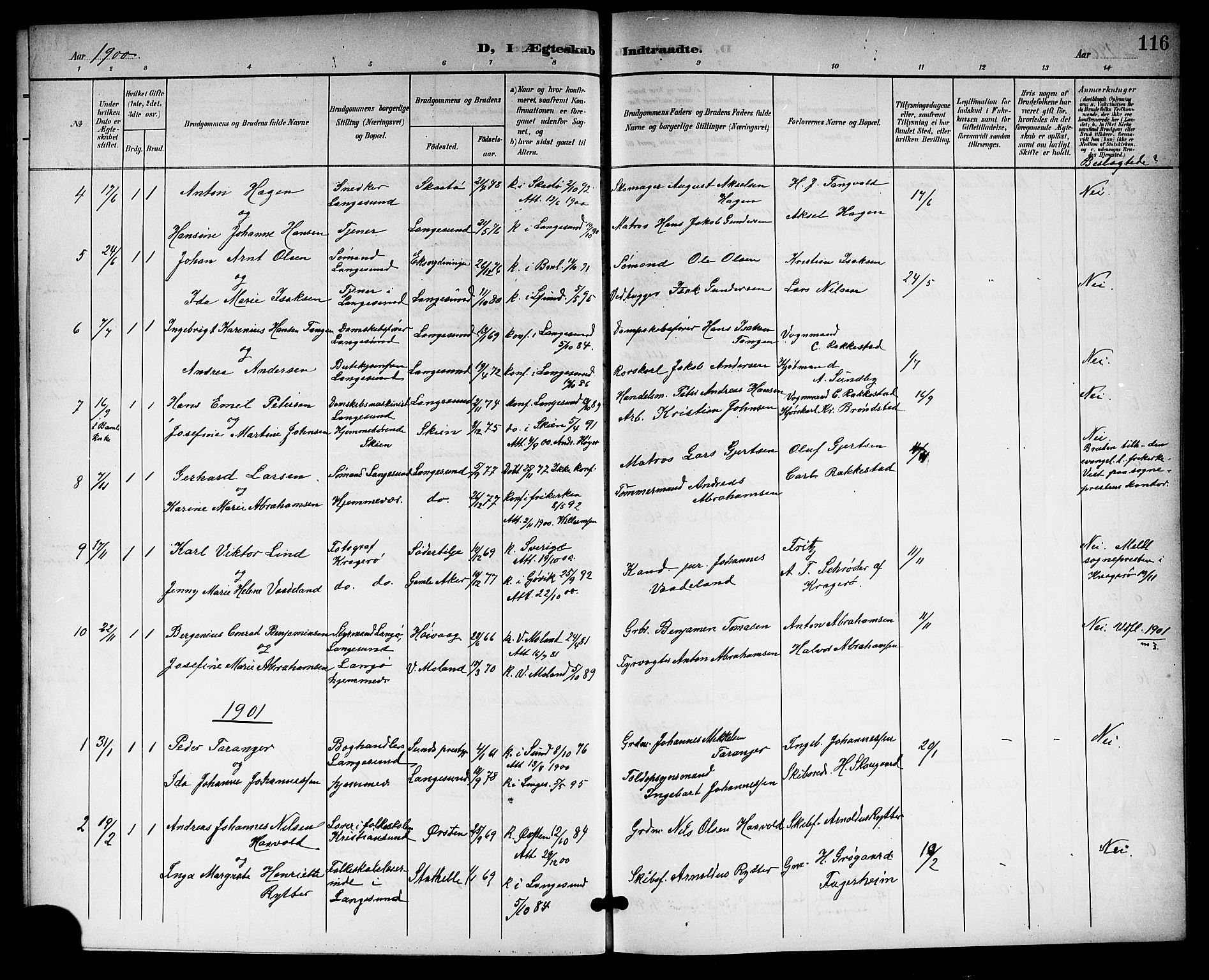 Langesund kirkebøker, SAKO/A-280/G/Ga/L0006: Parish register (copy) no. 6, 1899-1918, p. 116