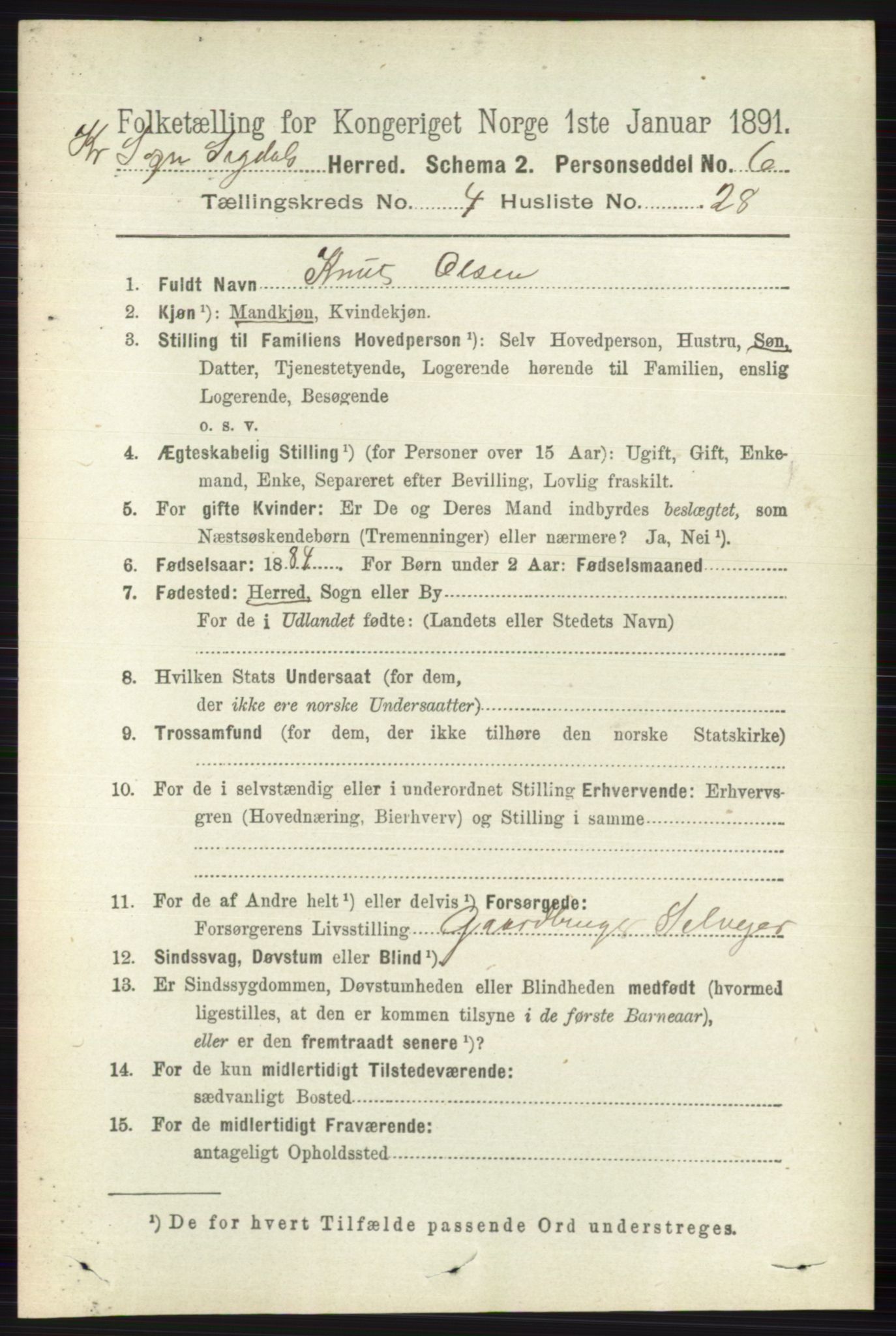 RA, 1891 census for 0621 Sigdal, 1891, p. 6185
