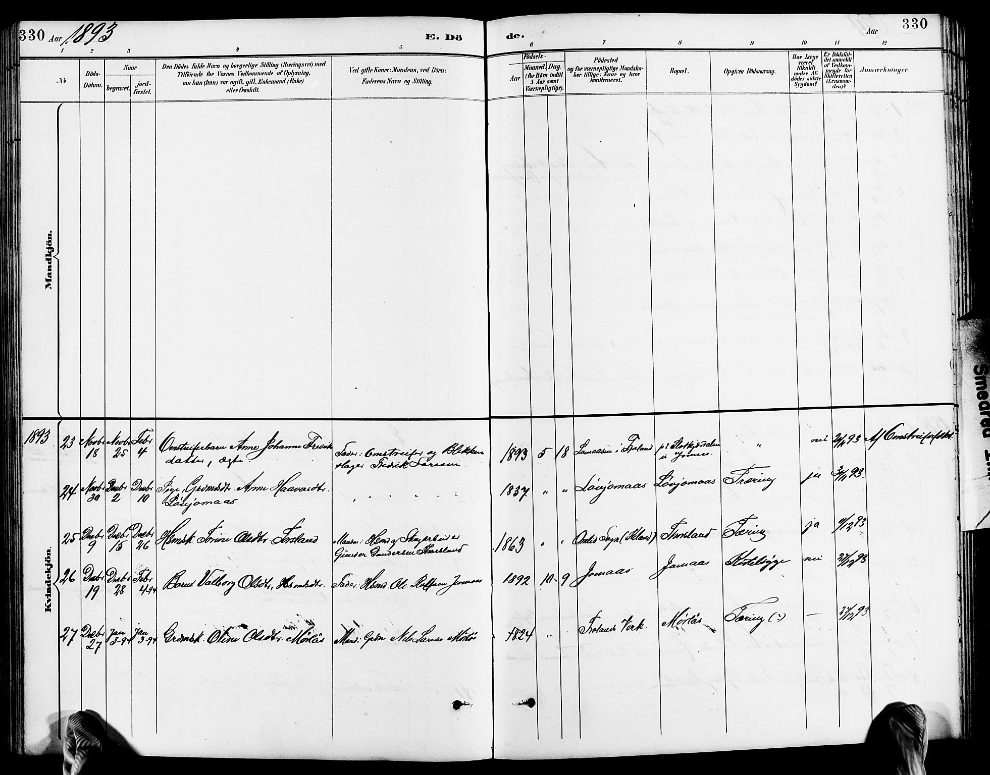 Froland sokneprestkontor, AV/SAK-1111-0013/F/Fb/L0010: Parish register (copy) no. B 10, 1893-1920, p. 330