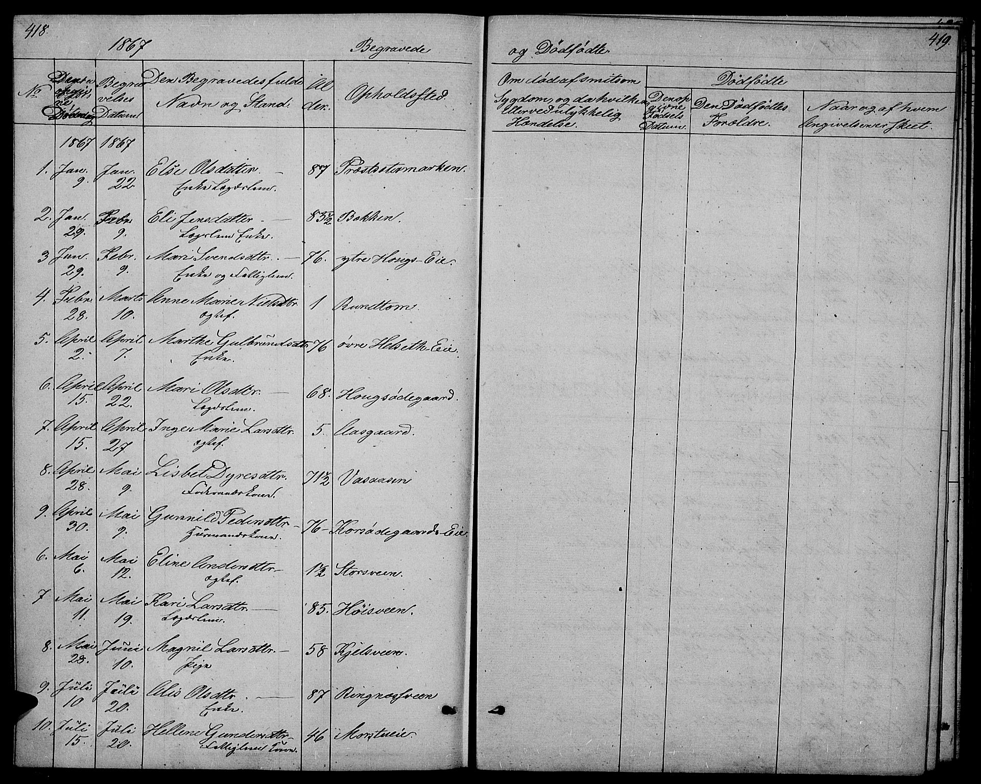 Stange prestekontor, SAH/PREST-002/L/L0005: Parish register (copy) no. 5, 1861-1881, p. 418-419