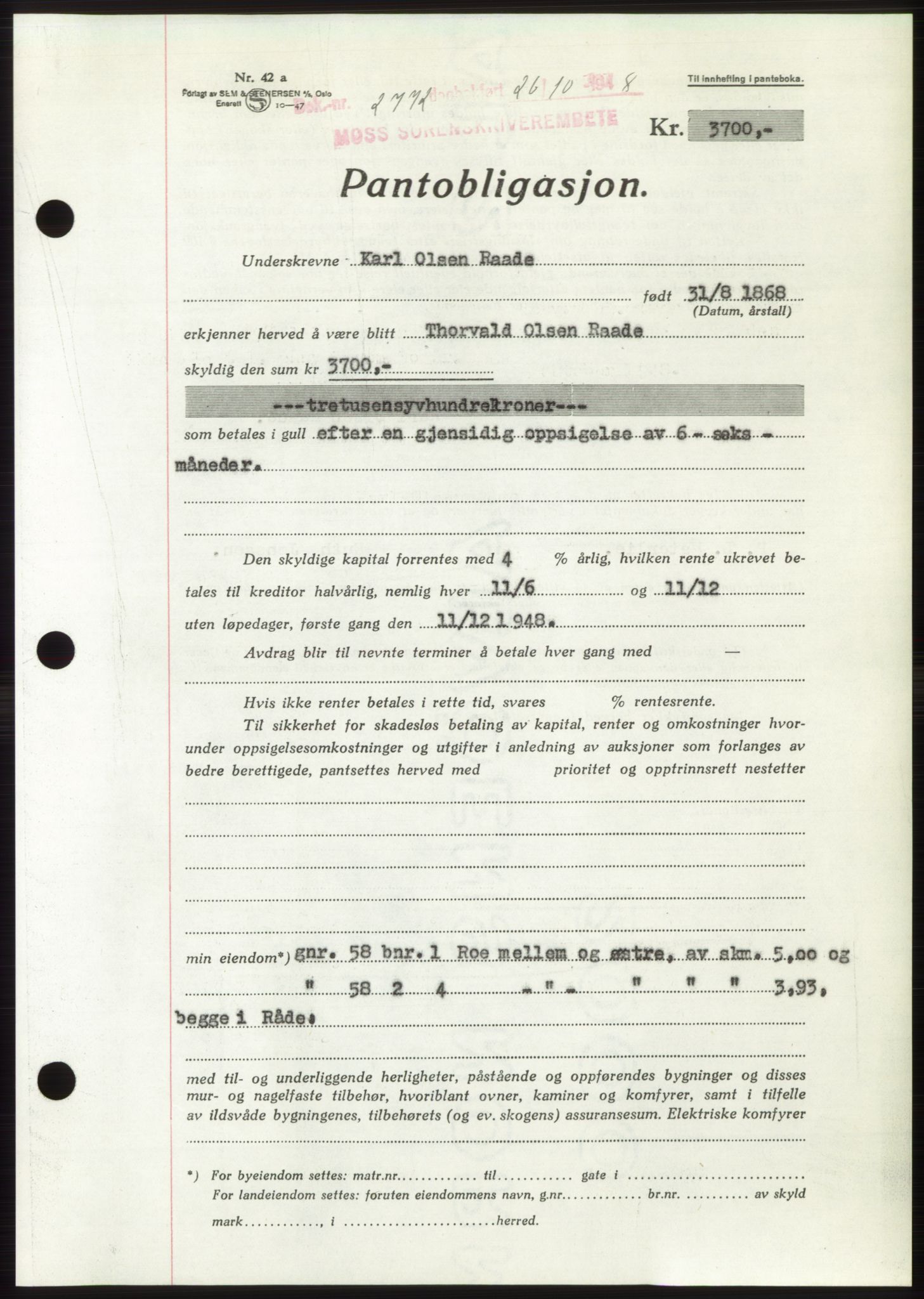 Moss sorenskriveri, AV/SAO-A-10168: Mortgage book no. B20, 1948-1948, Diary no: : 2772/1948