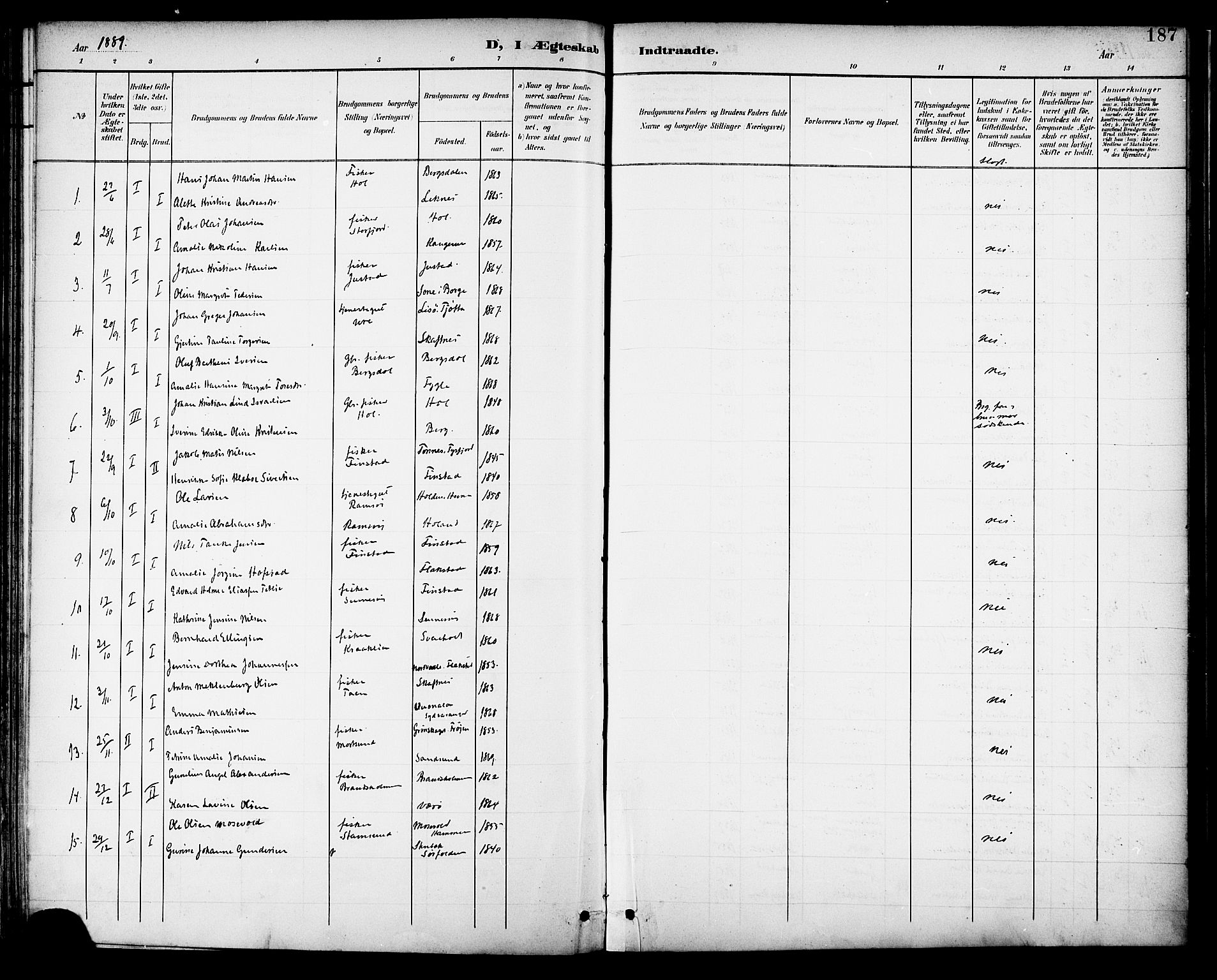 Ministerialprotokoller, klokkerbøker og fødselsregistre - Nordland, AV/SAT-A-1459/882/L1179: Parish register (official) no. 882A01, 1886-1898, p. 187