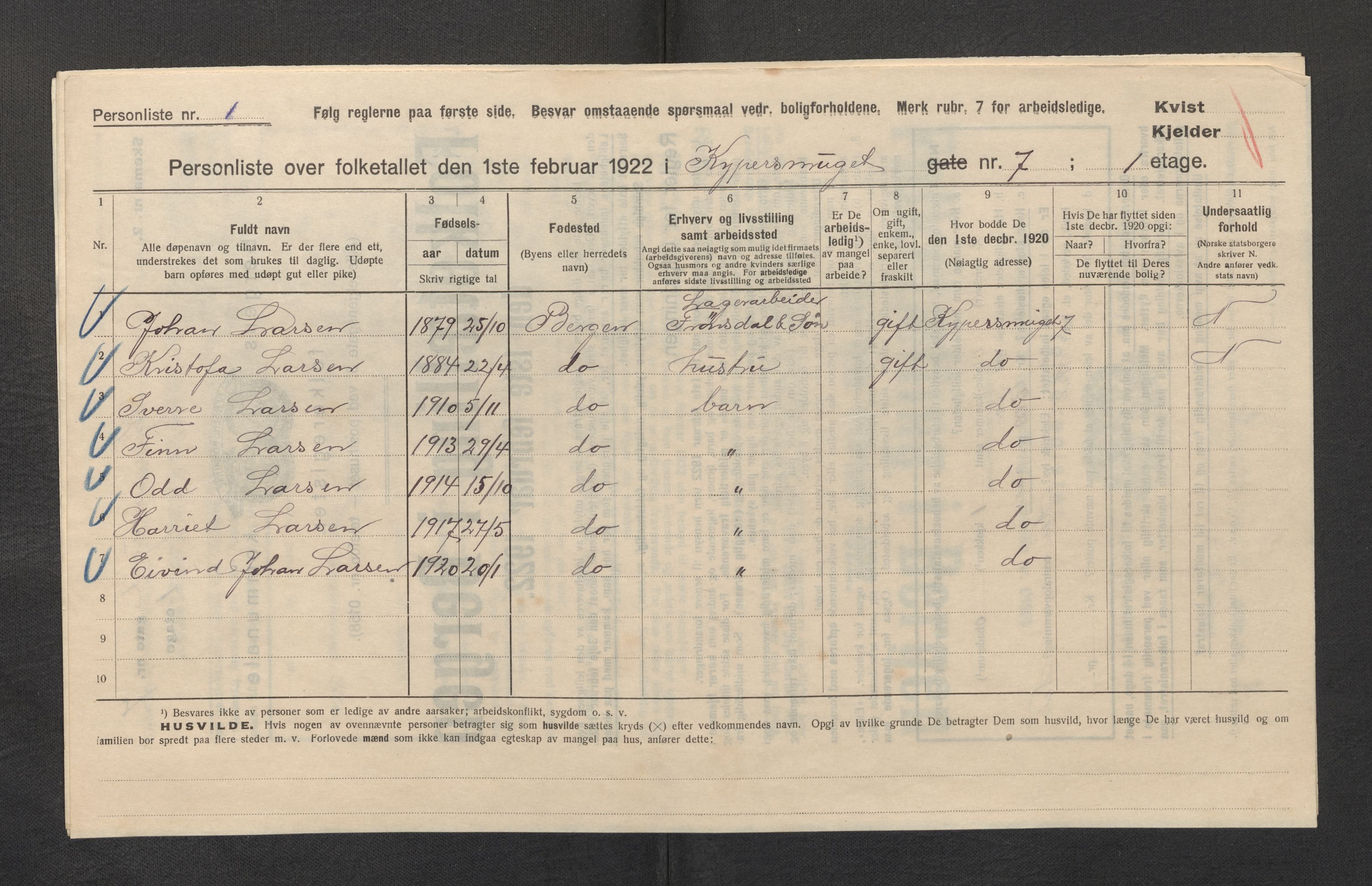 SAB, Municipal Census 1922 for Bergen, 1922, p. 21119