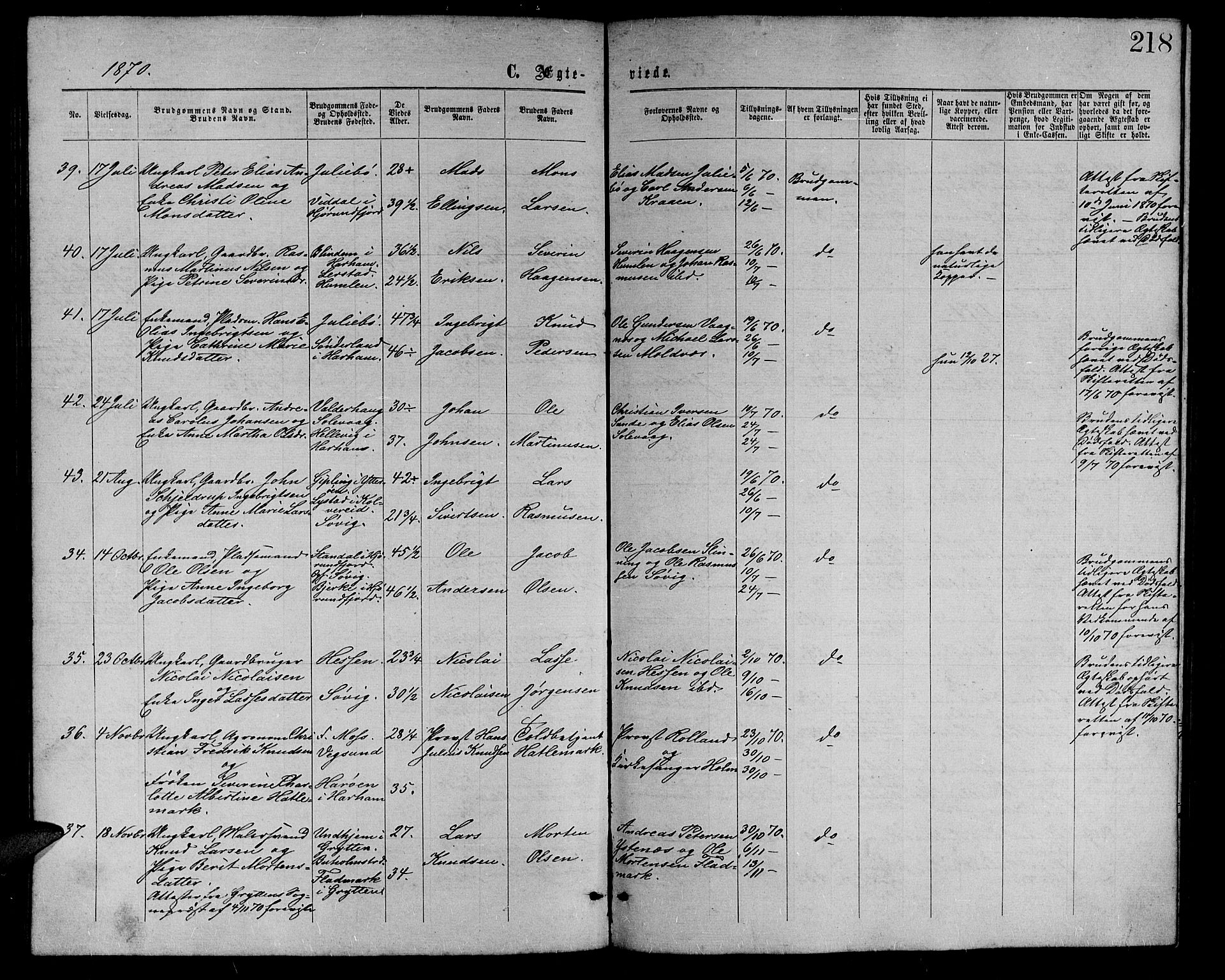 Ministerialprotokoller, klokkerbøker og fødselsregistre - Møre og Romsdal, AV/SAT-A-1454/528/L0428: Parish register (copy) no. 528C09, 1864-1880, p. 218