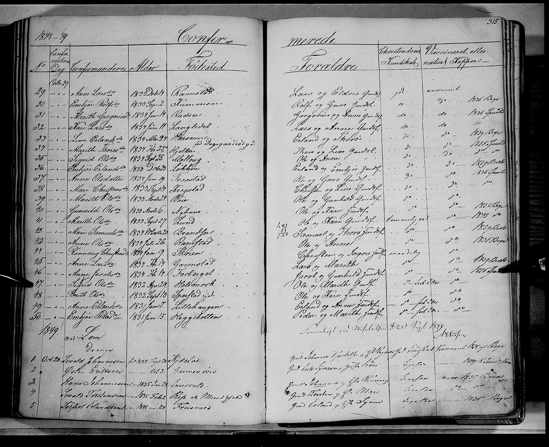 Lom prestekontor, SAH/PREST-070/K/L0006: Parish register (official) no. 6A, 1837-1863, p. 315