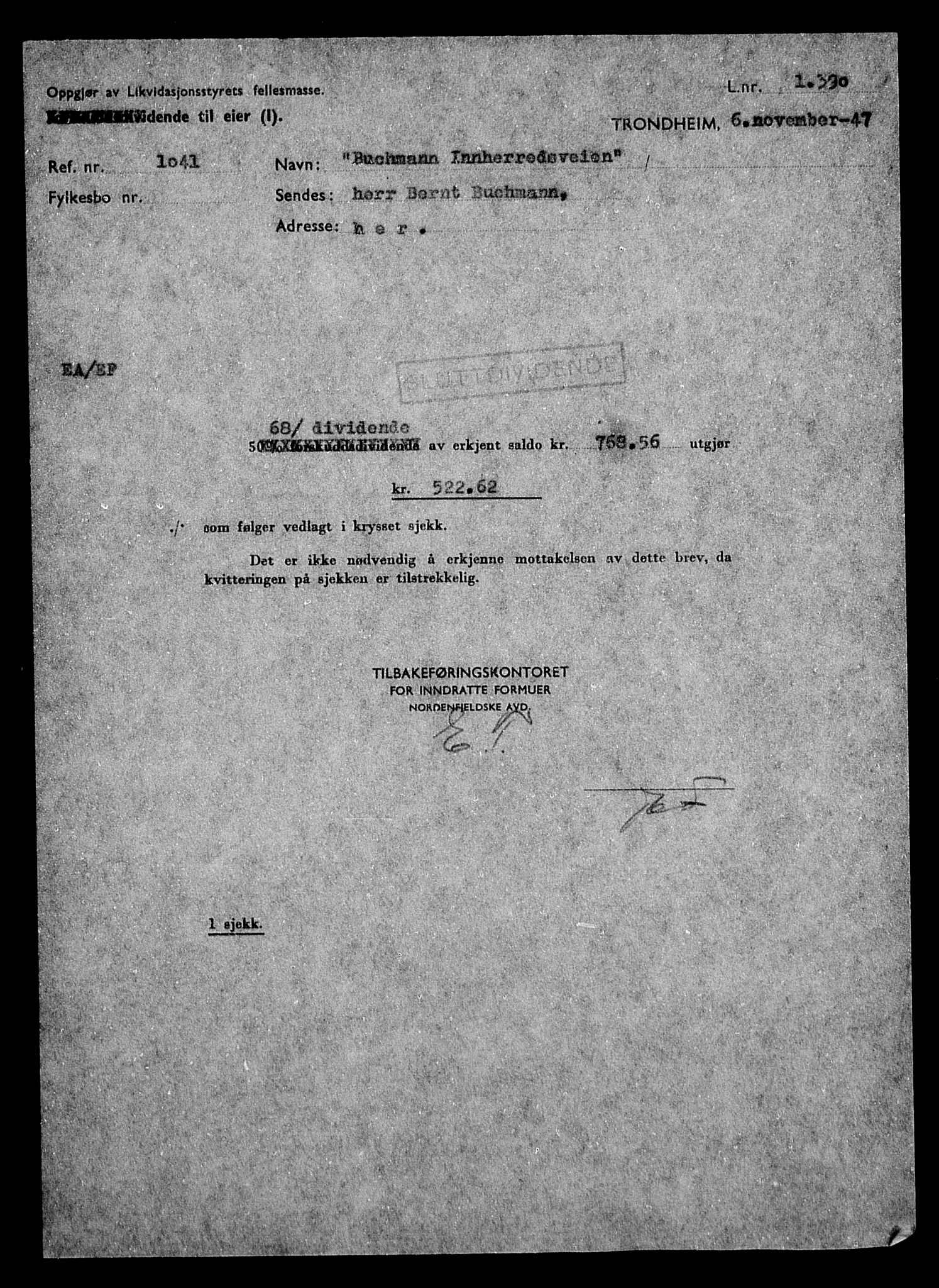 Justisdepartementet, Tilbakeføringskontoret for inndratte formuer, AV/RA-S-1564/H/Hc/Hca/L0894: --, 1945-1947, p. 20