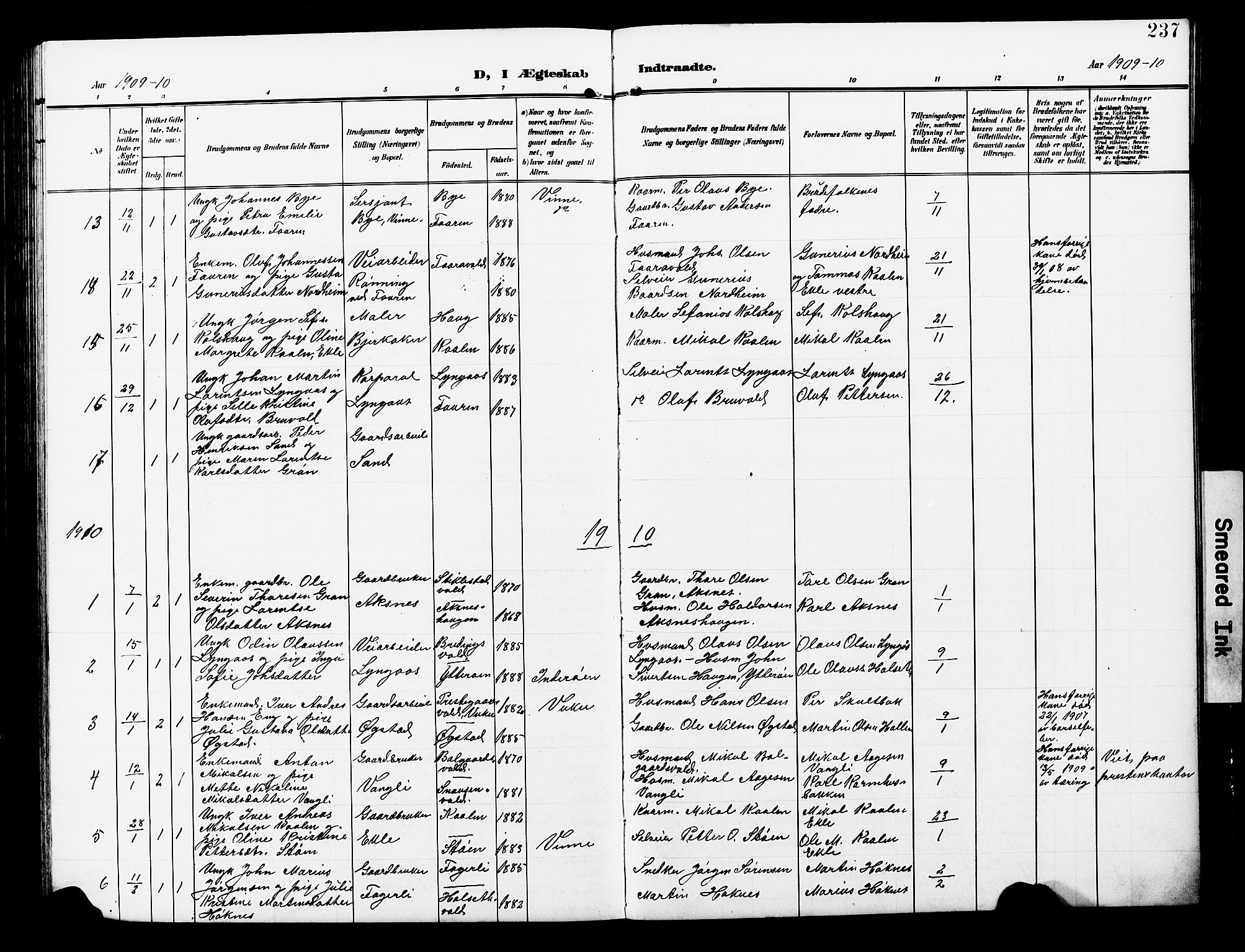 Ministerialprotokoller, klokkerbøker og fødselsregistre - Nord-Trøndelag, AV/SAT-A-1458/723/L0258: Parish register (copy) no. 723C06, 1908-1927, p. 237