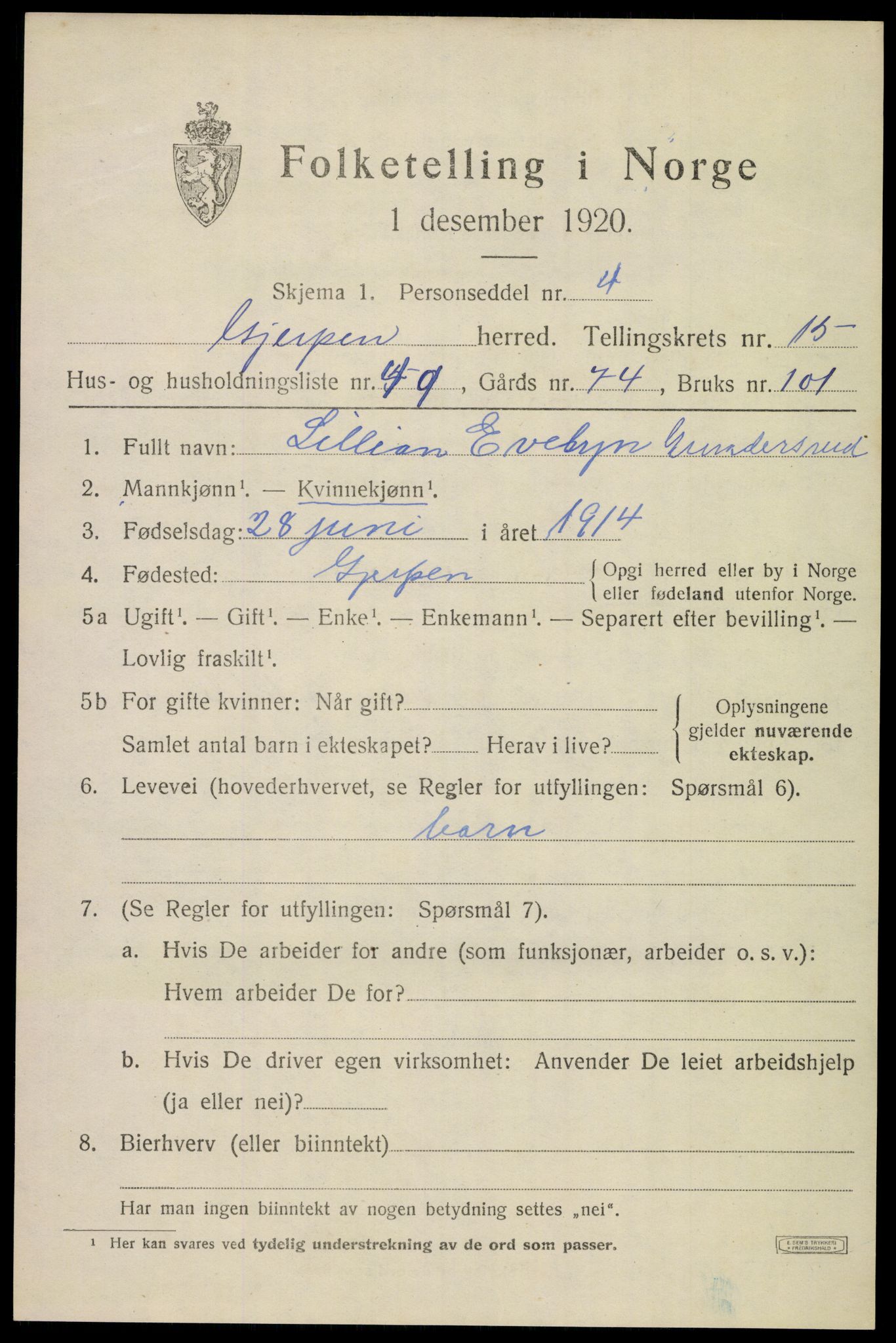 SAKO, 1920 census for Gjerpen, 1920, p. 17840