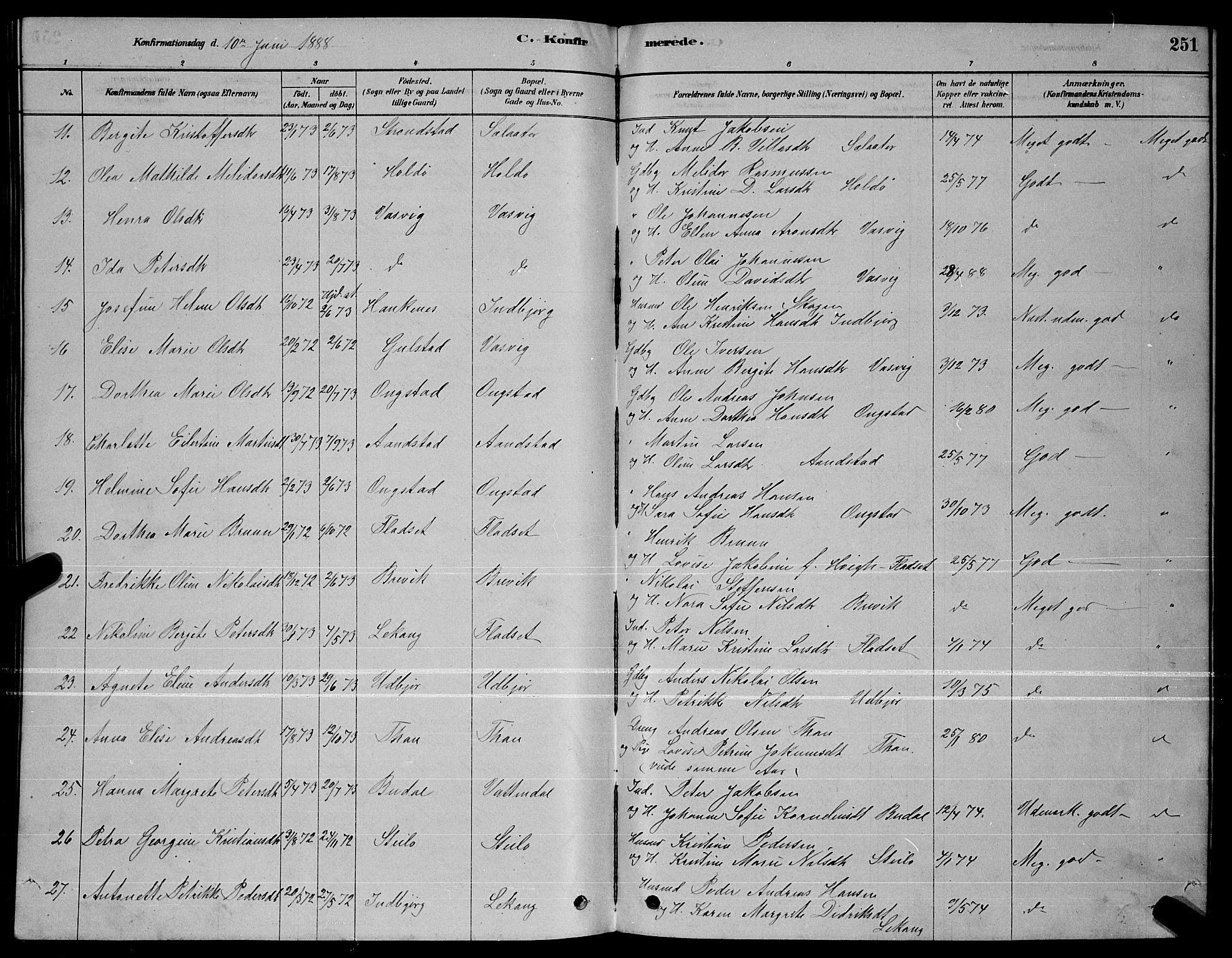 Ministerialprotokoller, klokkerbøker og fødselsregistre - Nordland, AV/SAT-A-1459/888/L1267: Parish register (copy) no. 888C05, 1878-1890, p. 251