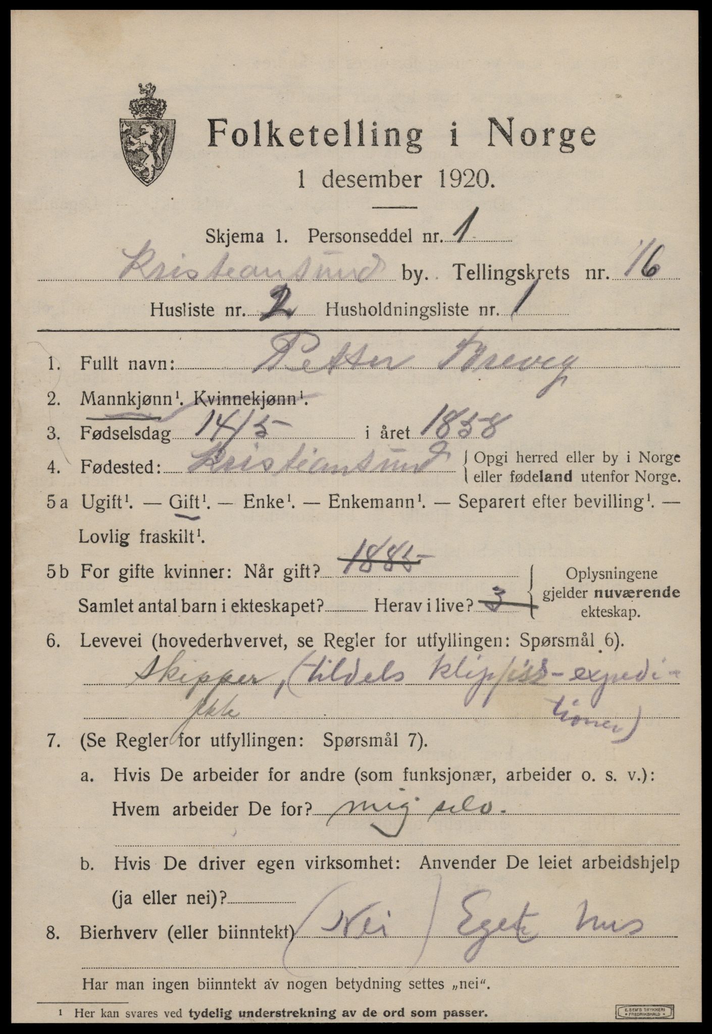 SAT, 1920 census for Kristiansund, 1920, p. 33847