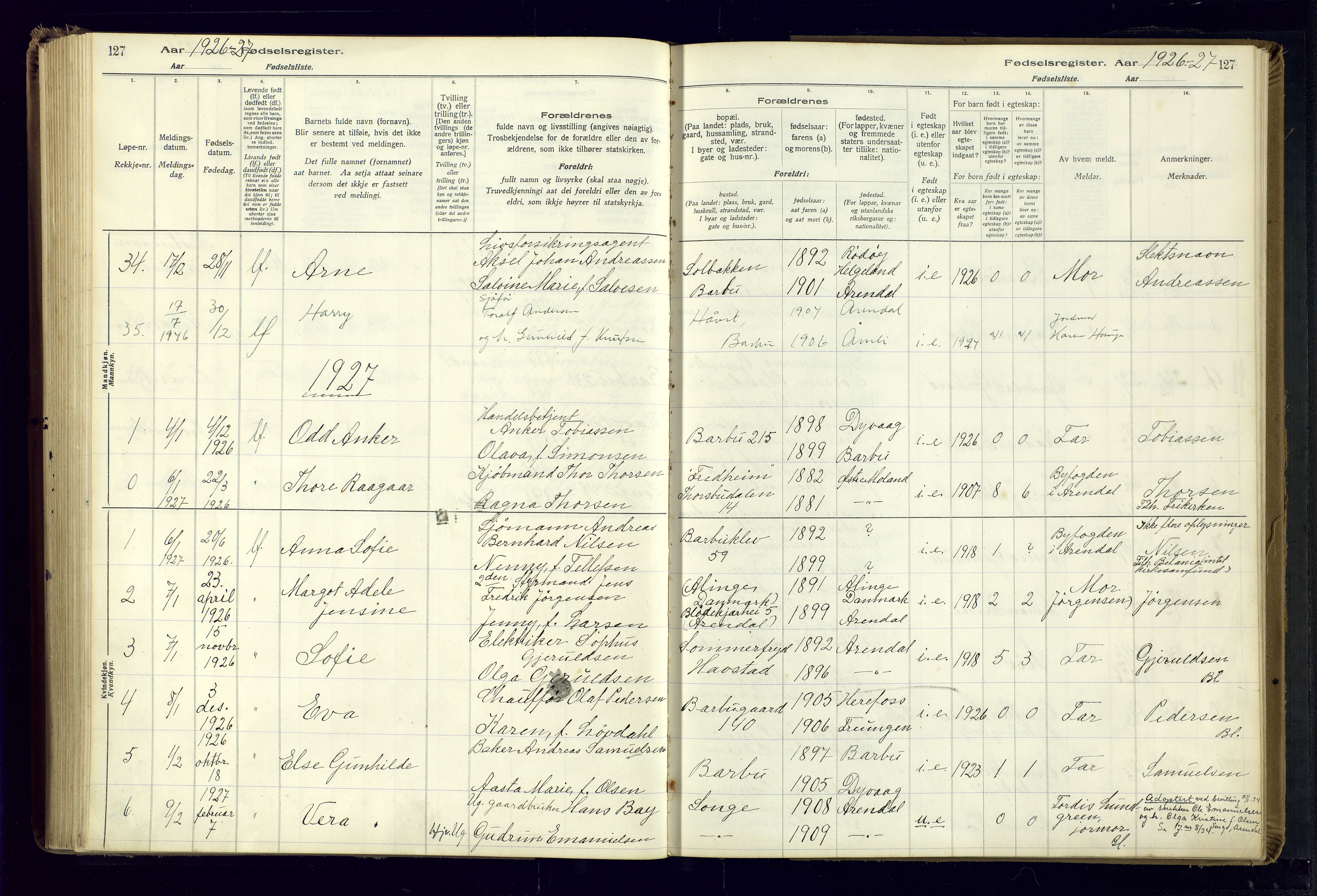 Barbu sokneprestkontor, SAK/1111-0003/J/Ja/L0001: Birth register no. A-VIII-1, 1916-1937, p. 127
