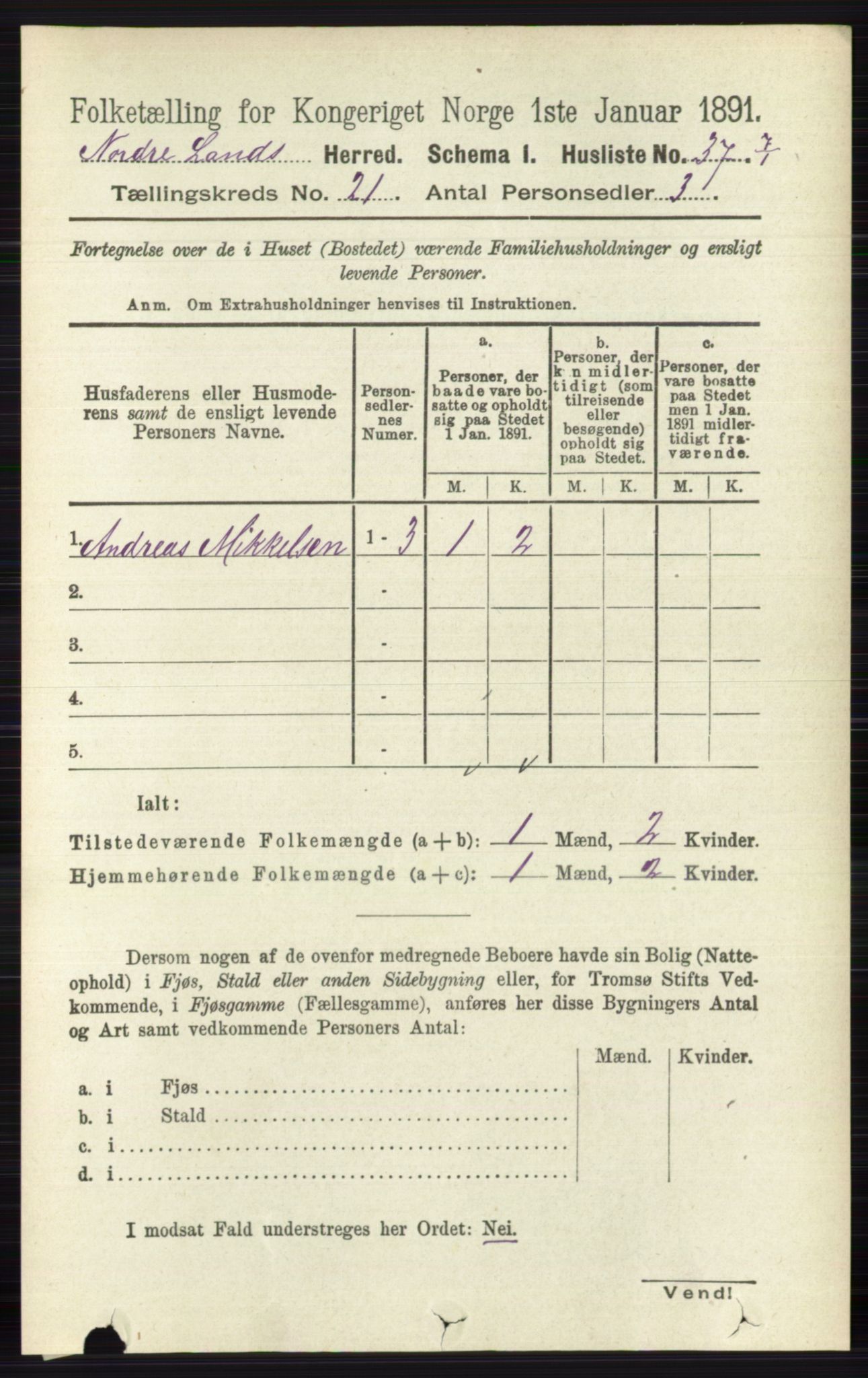 RA, 1891 census for 0538 Nordre Land, 1891, p. 5257