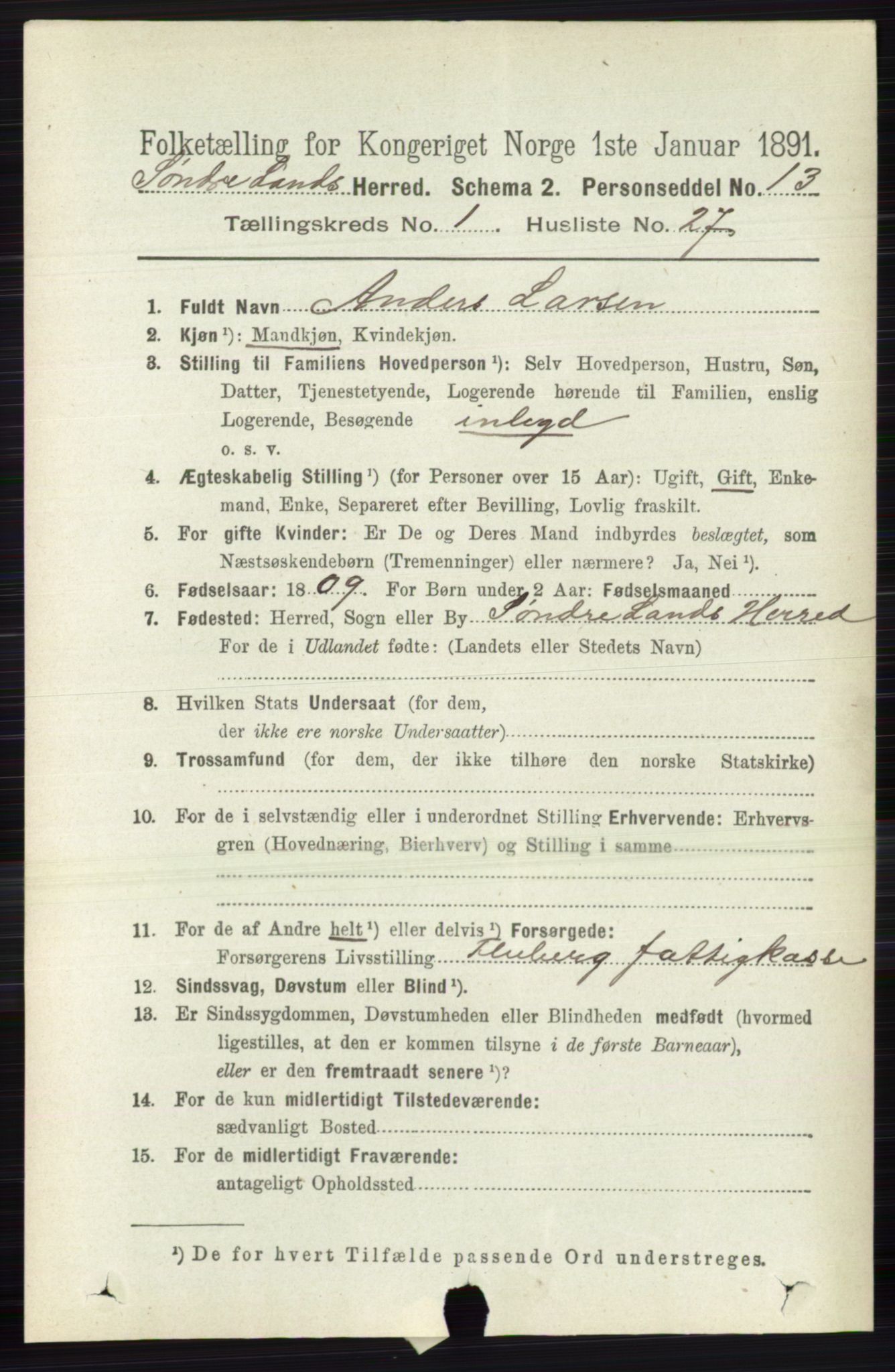 RA, 1891 census for 0536 Søndre Land, 1891, p. 318