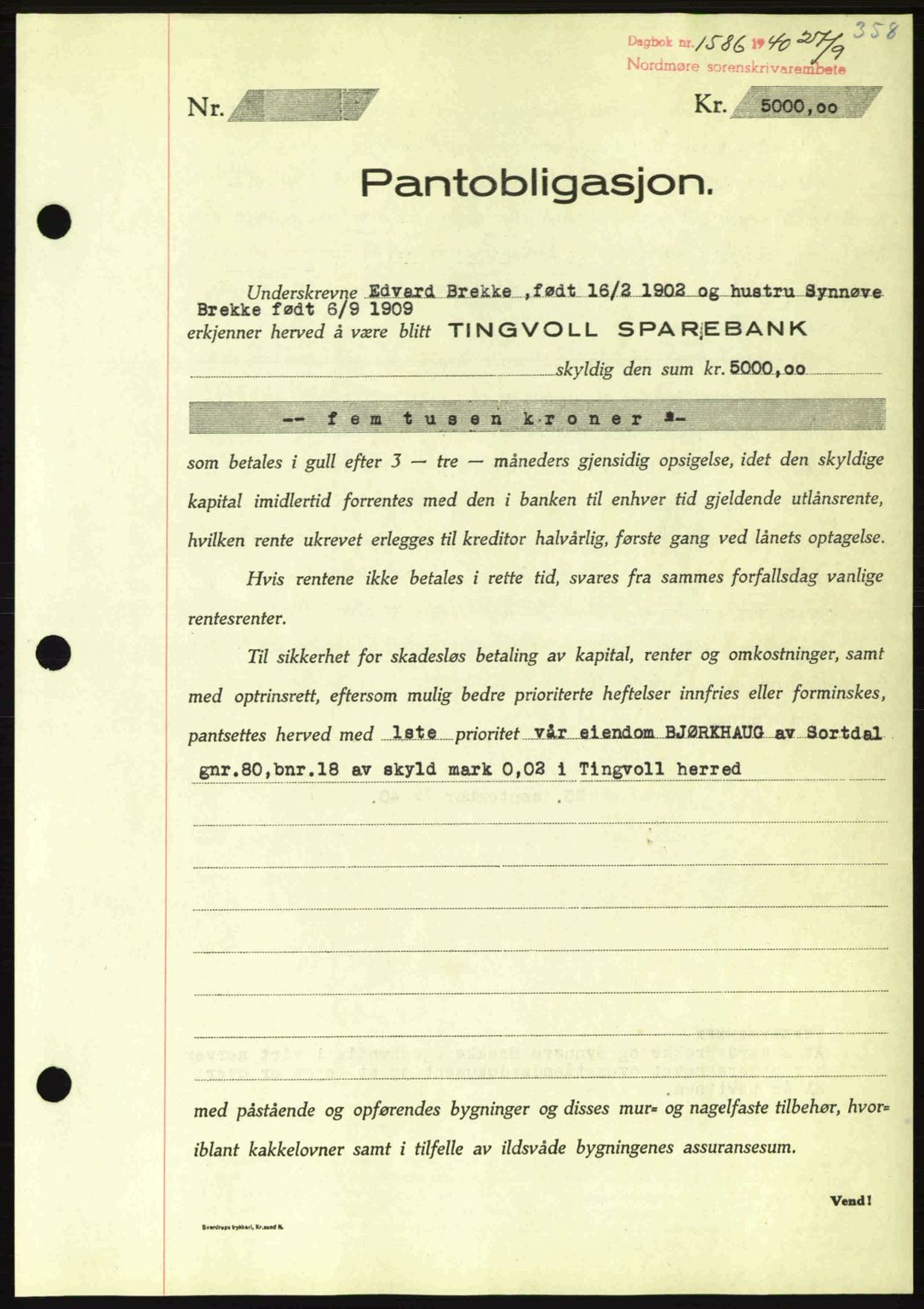 Nordmøre sorenskriveri, AV/SAT-A-4132/1/2/2Ca: Mortgage book no. B87, 1940-1941, Diary no: : 1586/1940