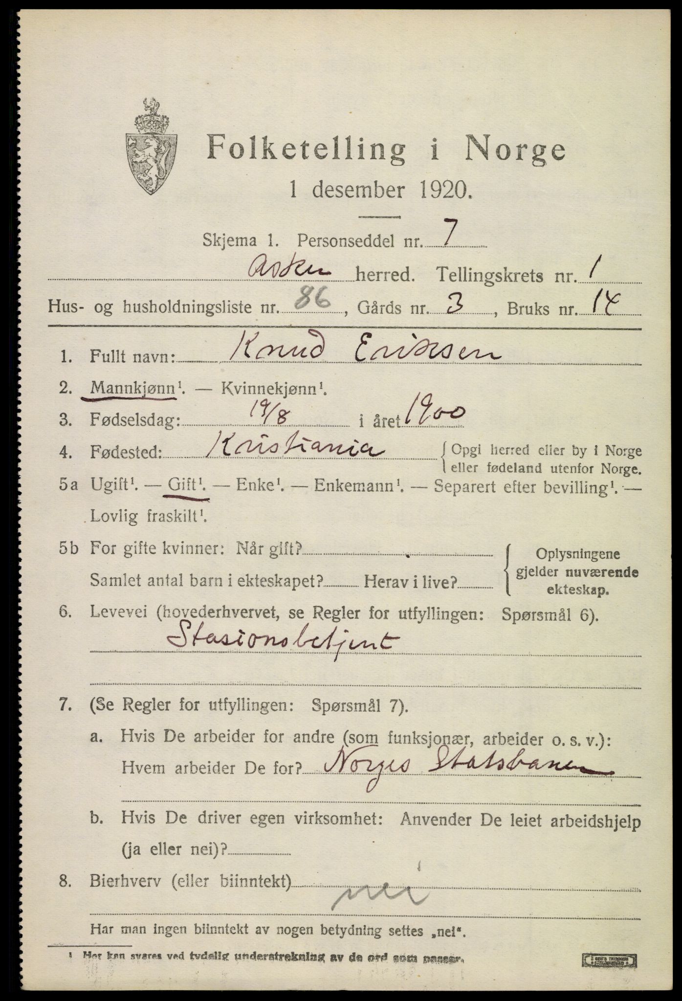 SAO, 1920 census for Asker, 1920, p. 3614