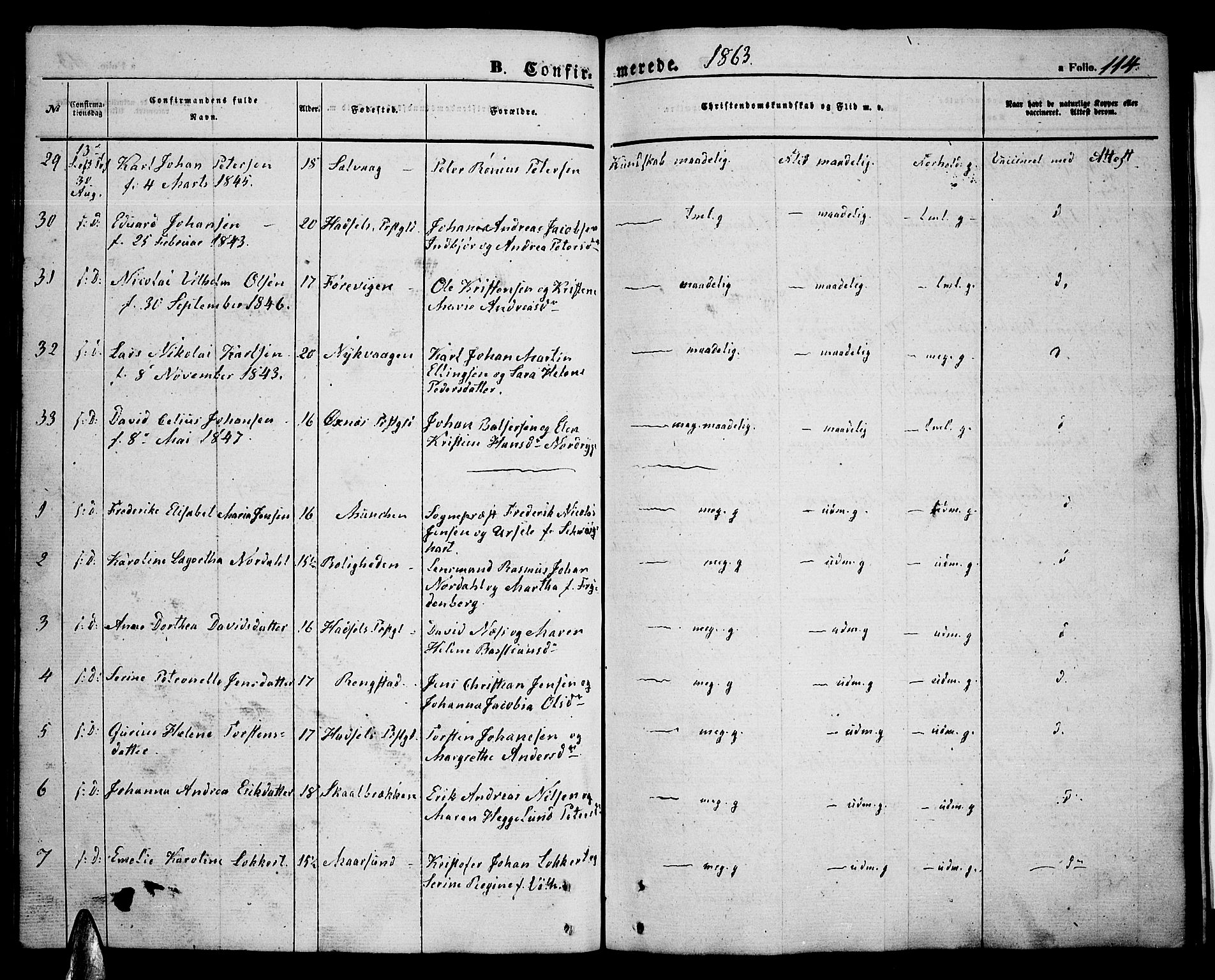 Ministerialprotokoller, klokkerbøker og fødselsregistre - Nordland, AV/SAT-A-1459/891/L1313: Parish register (copy) no. 891C02, 1856-1870, p. 114