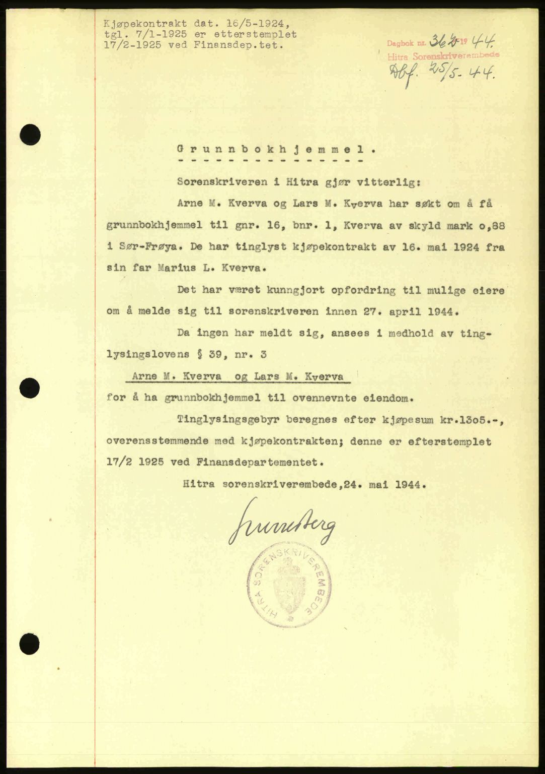 Hitra sorenskriveri, AV/SAT-A-0018/2/2C/2Ca: Mortgage book no. A2, 1943-1945, Diary no: : 362/1944