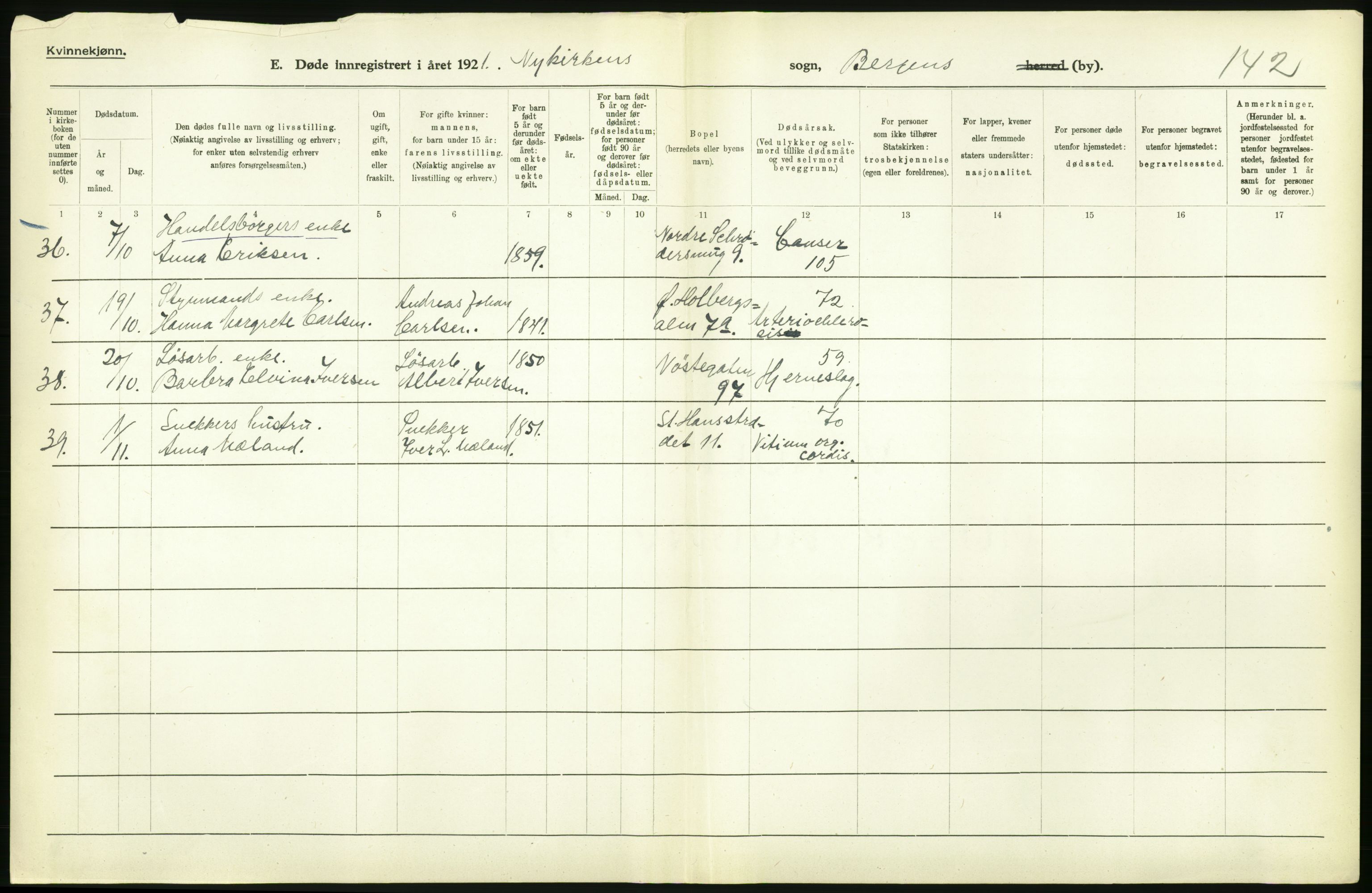 Statistisk sentralbyrå, Sosiodemografiske emner, Befolkning, AV/RA-S-2228/D/Df/Dfc/Dfca/L0036: Bergen: Døde., 1921, p. 286