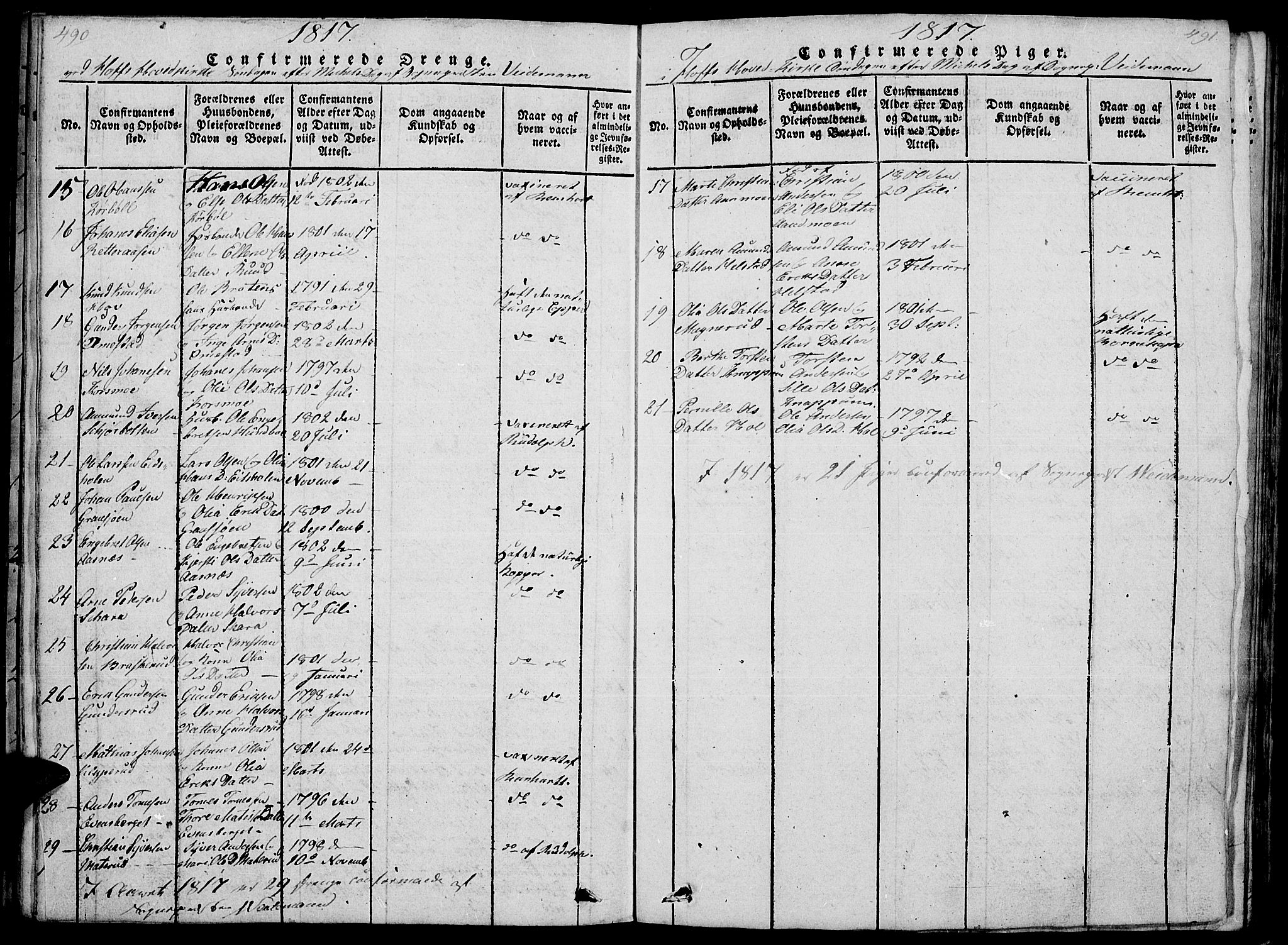 Hof prestekontor, AV/SAH-PREST-038/H/Ha/Haa/L0005: Parish register (official) no. 5, 1816-1822, p. 490-491