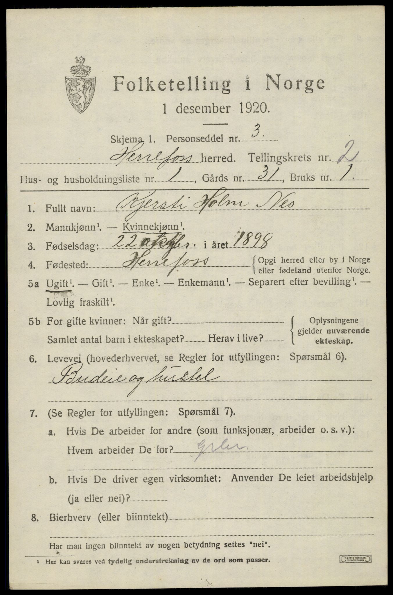 SAK, 1920 census for Herefoss, 1920, p. 322