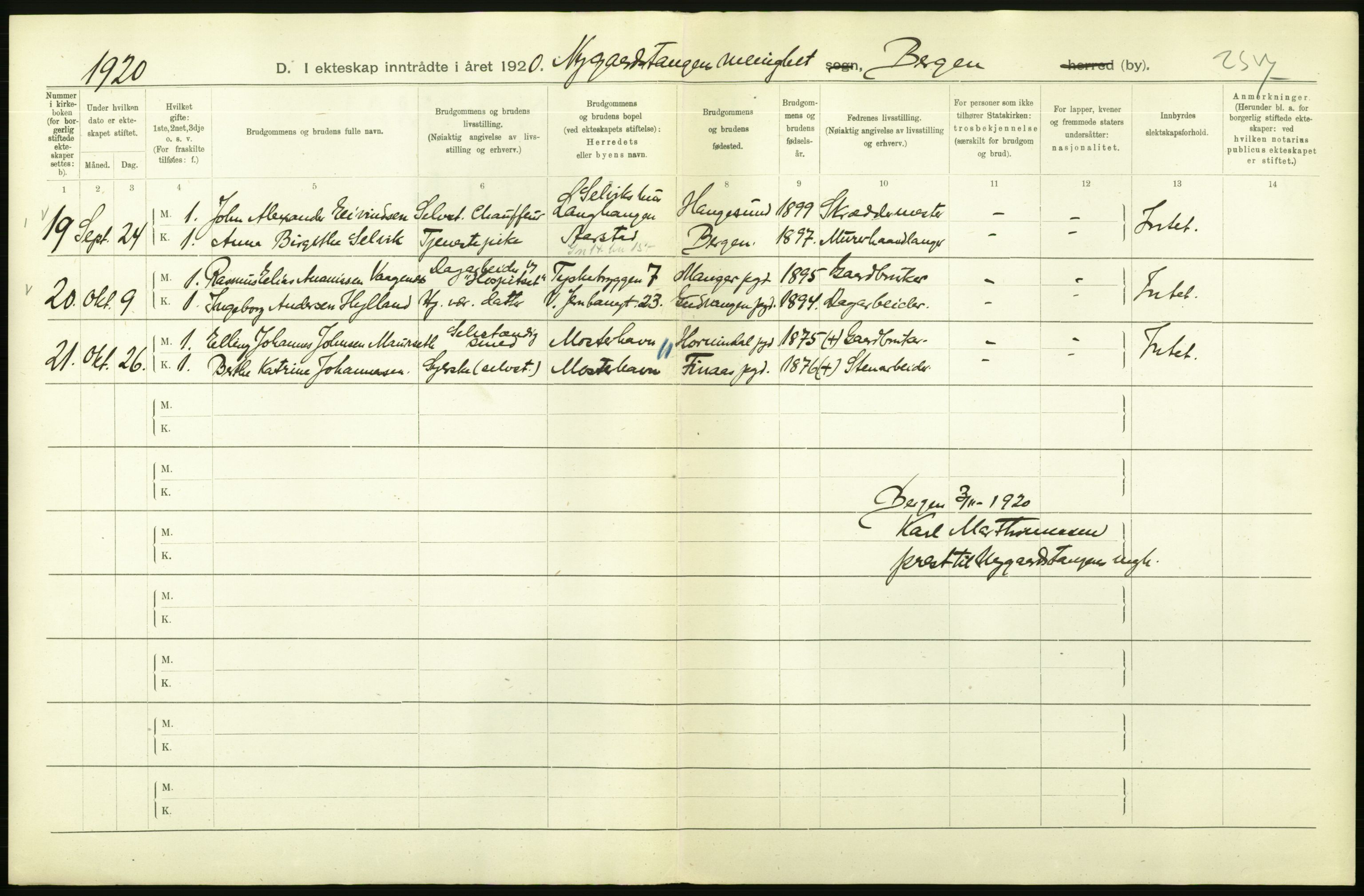 Statistisk sentralbyrå, Sosiodemografiske emner, Befolkning, AV/RA-S-2228/D/Df/Dfb/Dfbj/L0042: Bergen: Gifte, døde, dødfødte., 1920, p. 8