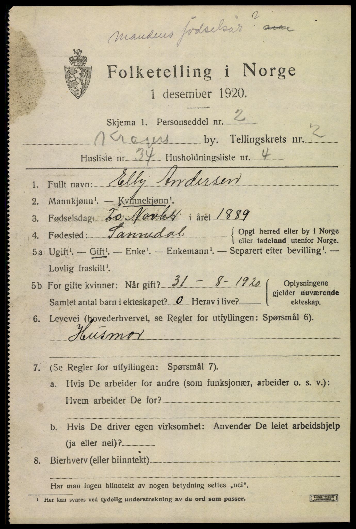 SAKO, 1920 census for Kragerø, 1920, p. 5767