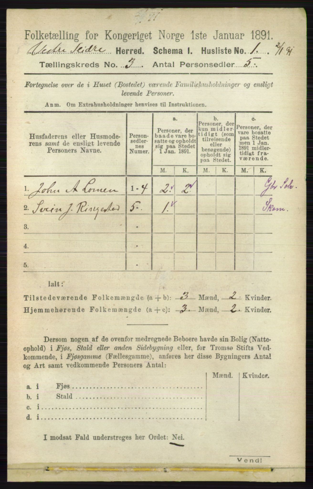 RA, 1891 census for 0543 Vestre Slidre, 1891, p. 764