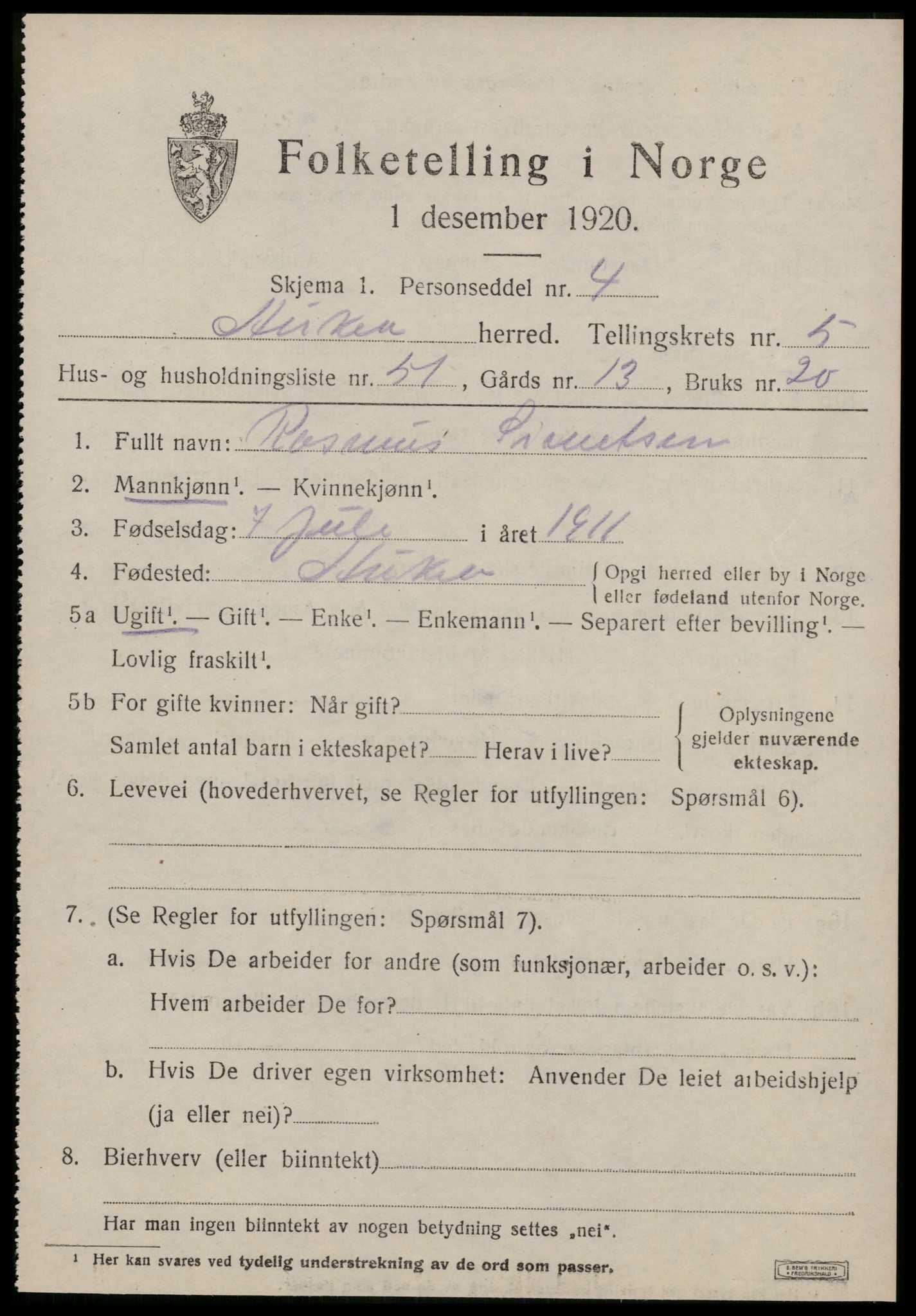 SAT, 1920 census for Aukra, 1920, p. 3935