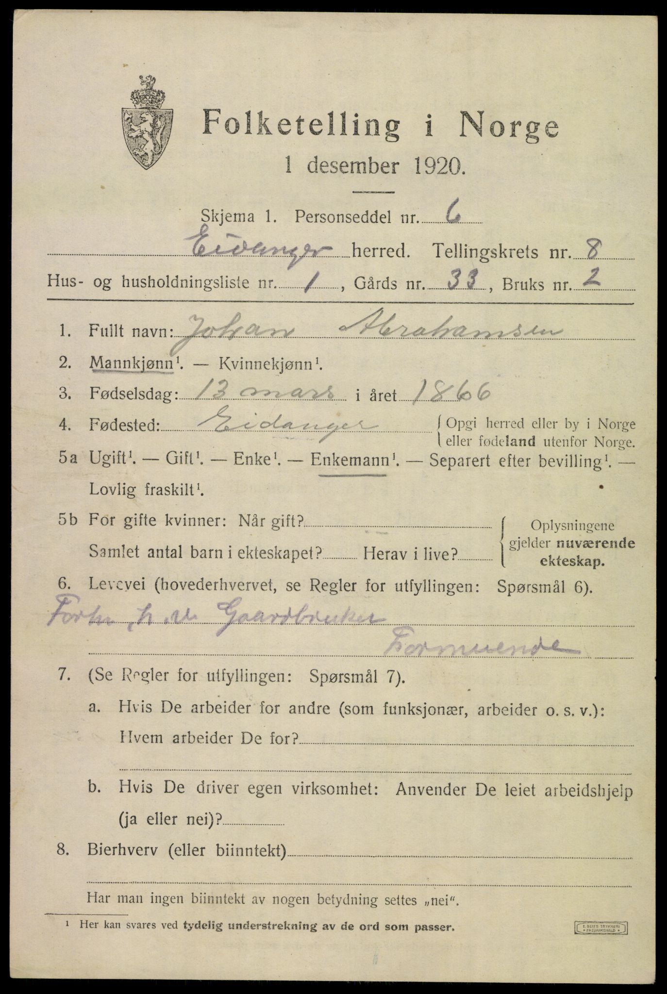 SAKO, 1920 census for Eidanger, 1920, p. 5442