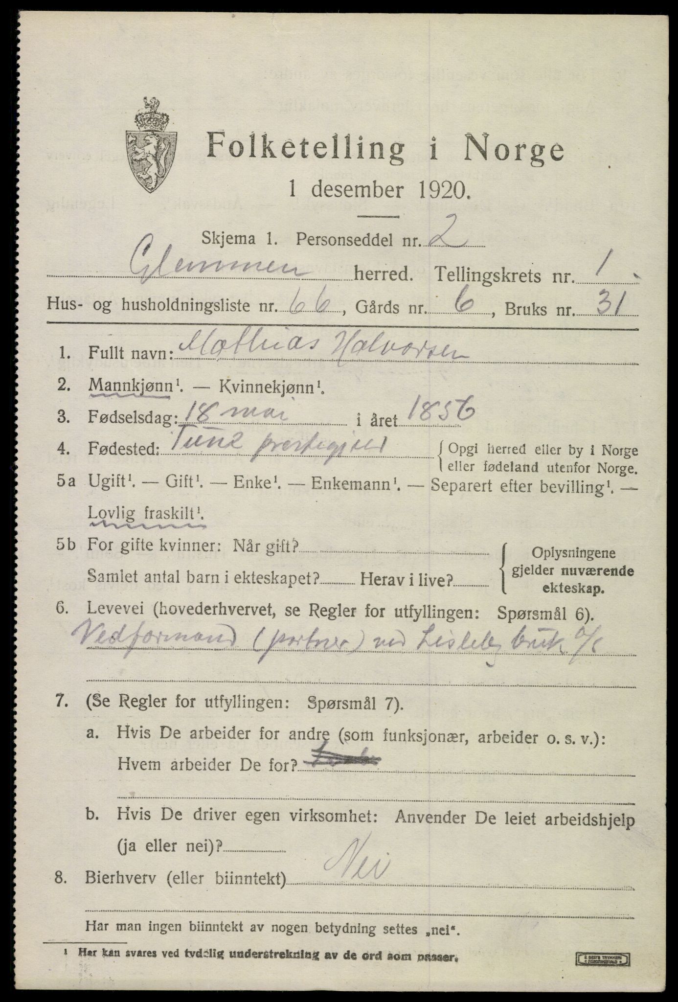 SAO, 1920 census for Glemmen, 1920, p. 4127