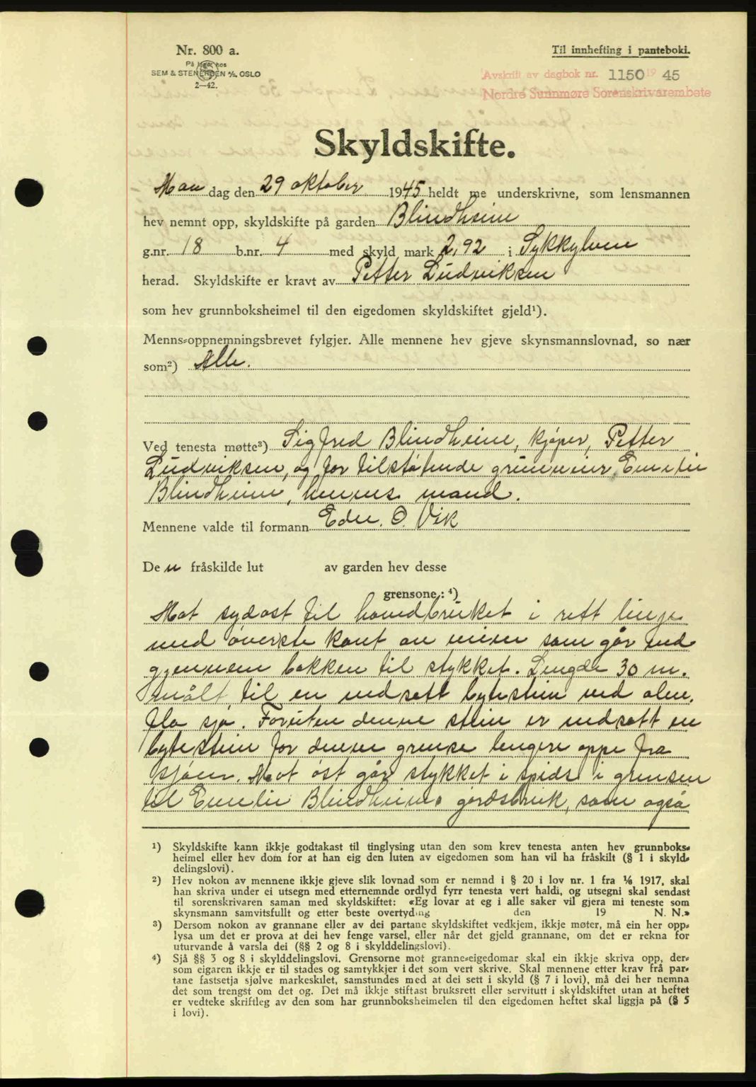 Nordre Sunnmøre sorenskriveri, AV/SAT-A-0006/1/2/2C/2Ca: Mortgage book no. A20a, 1945-1945, Diary no: : 1150/1945