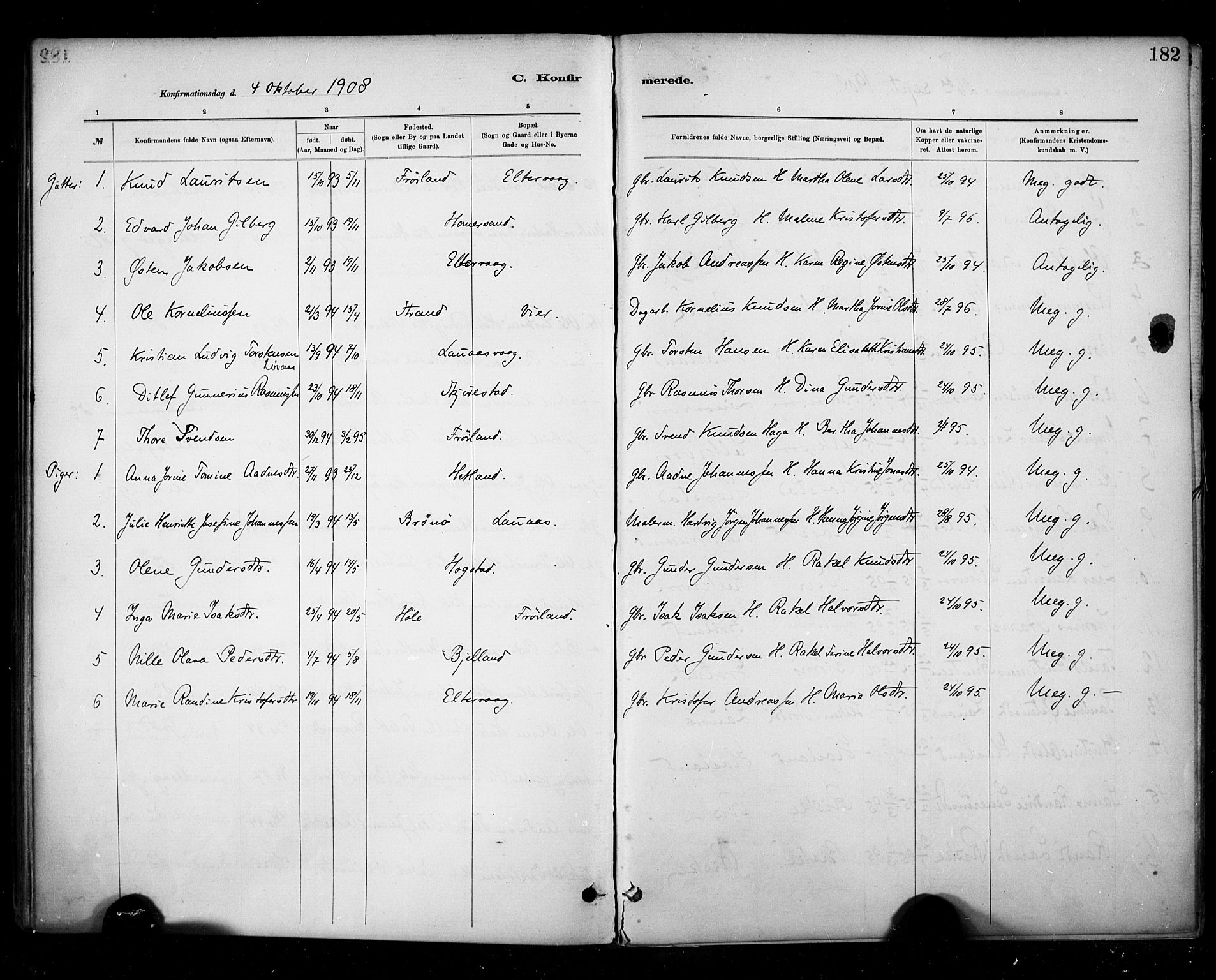 Hetland sokneprestkontor, SAST/A-101826/30/30BA/L0010: Parish register (official) no. A 10, 1882-1925, p. 182
