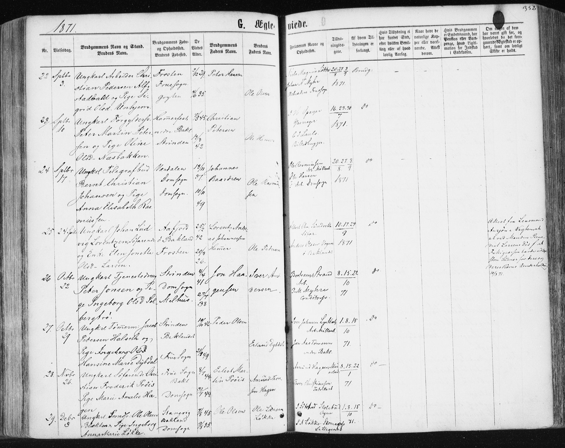 Ministerialprotokoller, klokkerbøker og fødselsregistre - Sør-Trøndelag, AV/SAT-A-1456/604/L0186: Parish register (official) no. 604A07, 1866-1877, p. 352