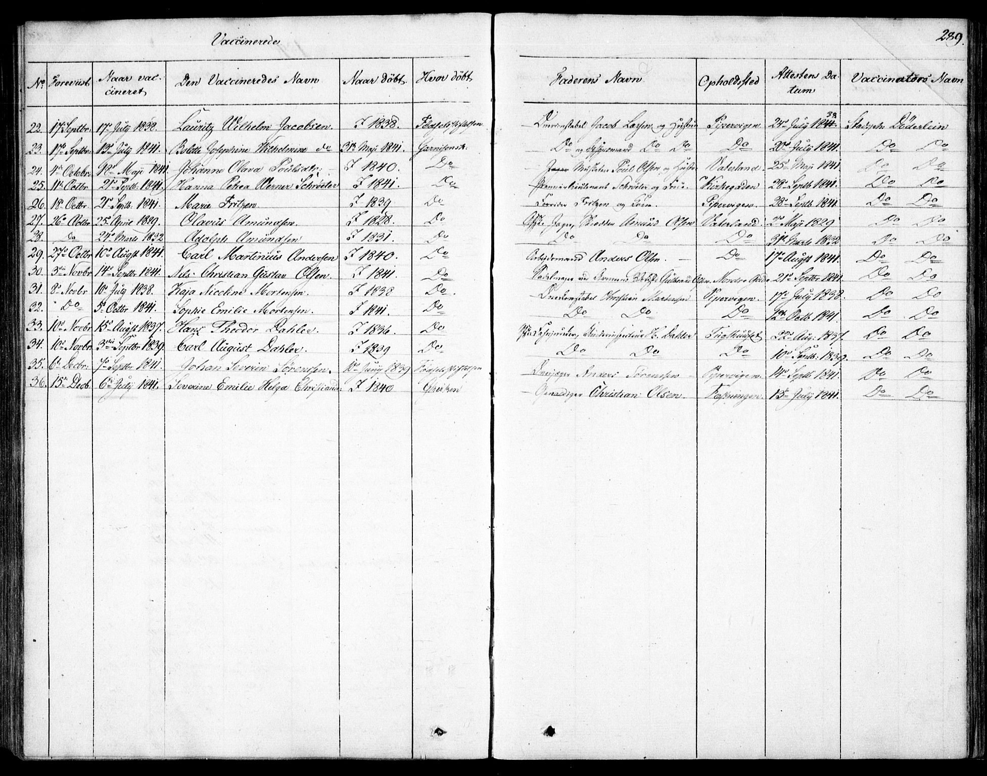 Garnisonsmenigheten Kirkebøker, AV/SAO-A-10846/F/Fa/L0007: Parish register (official) no. 7, 1828-1881, p. 289