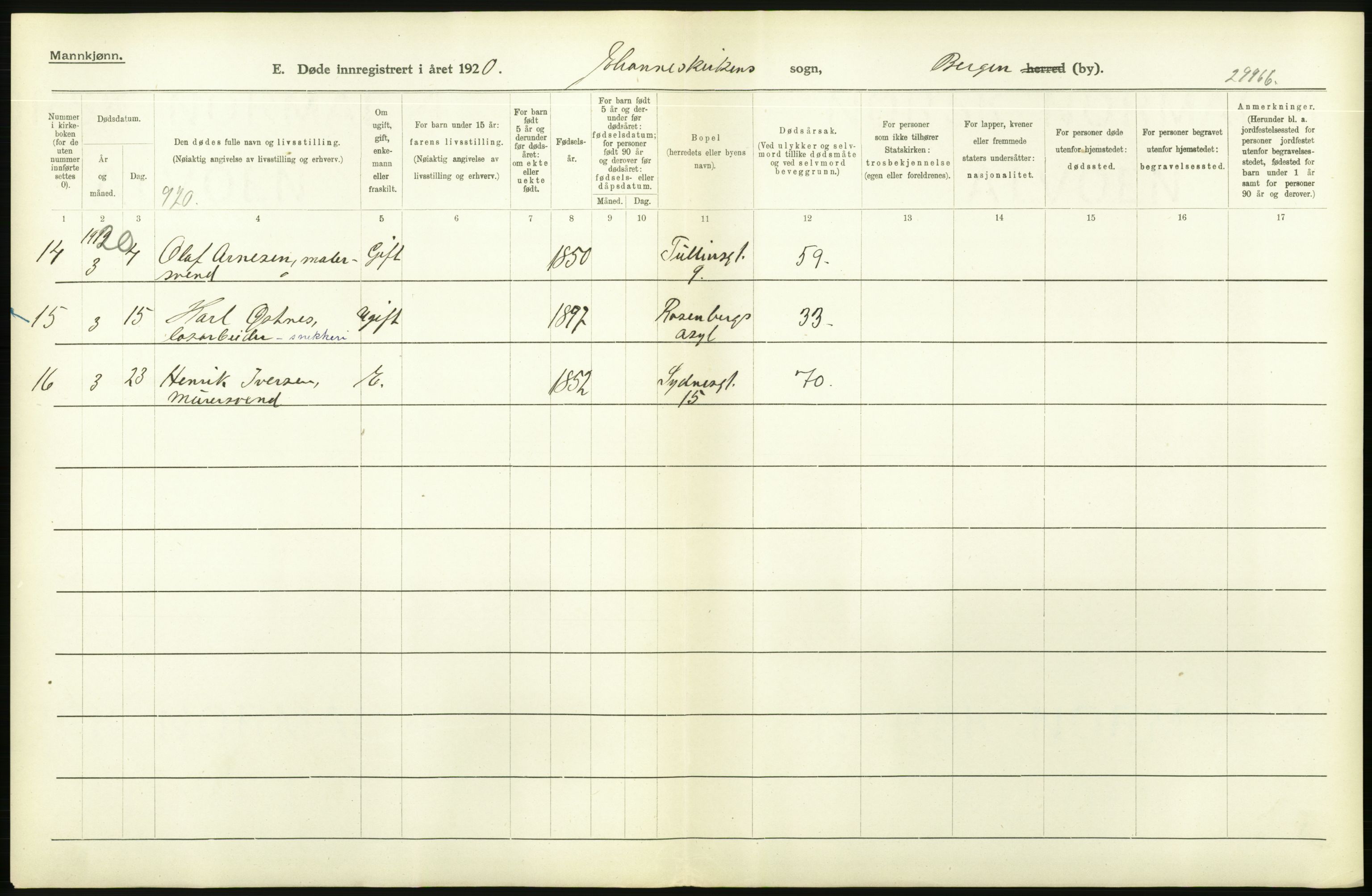 Statistisk sentralbyrå, Sosiodemografiske emner, Befolkning, AV/RA-S-2228/D/Df/Dfb/Dfbj/L0042: Bergen: Gifte, døde, dødfødte., 1920, p. 586