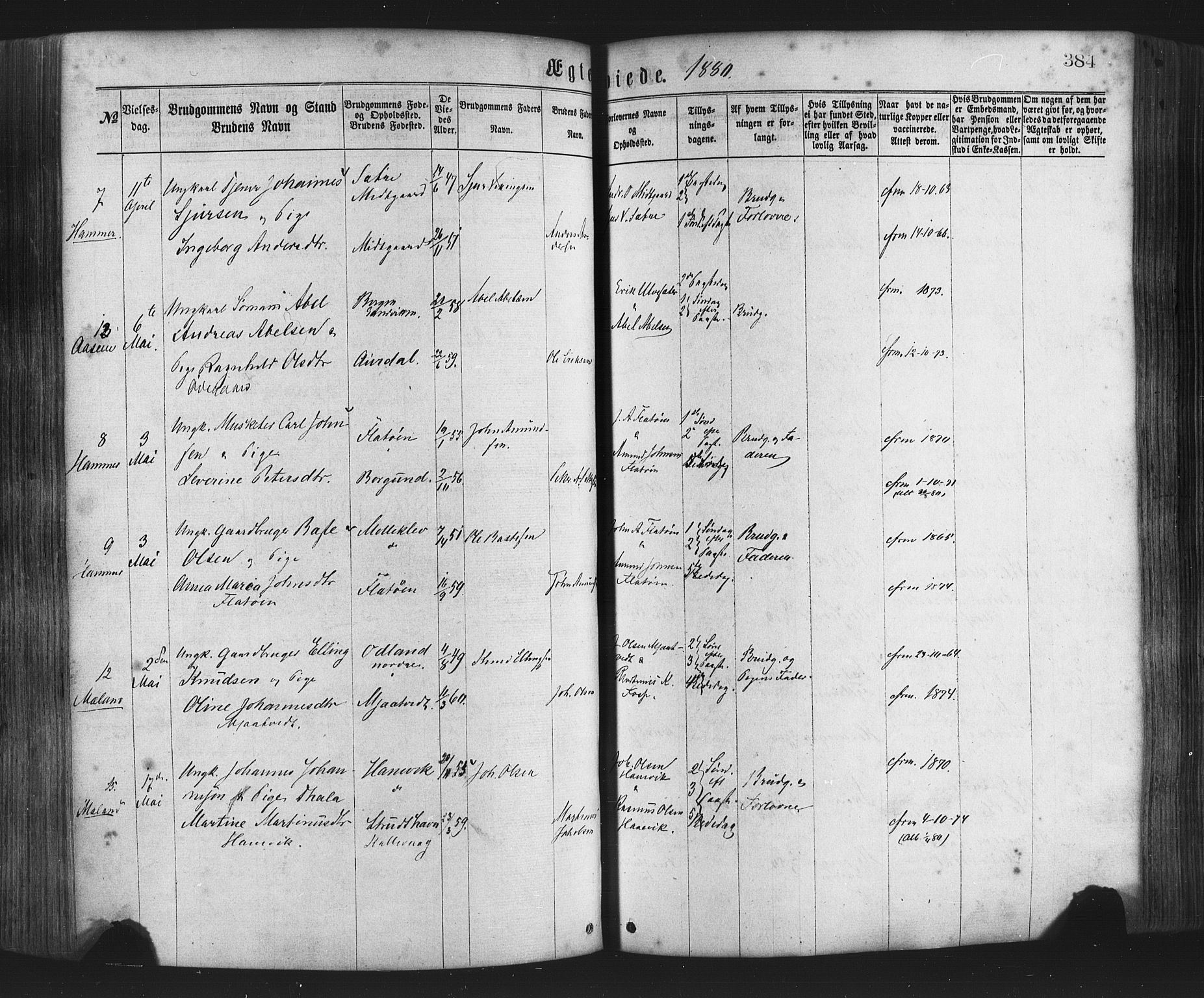 Hamre sokneprestembete, AV/SAB-A-75501/H/Ha/Haa/Haaa/L0015: Parish register (official) no. A 15, 1870-1881, p. 384