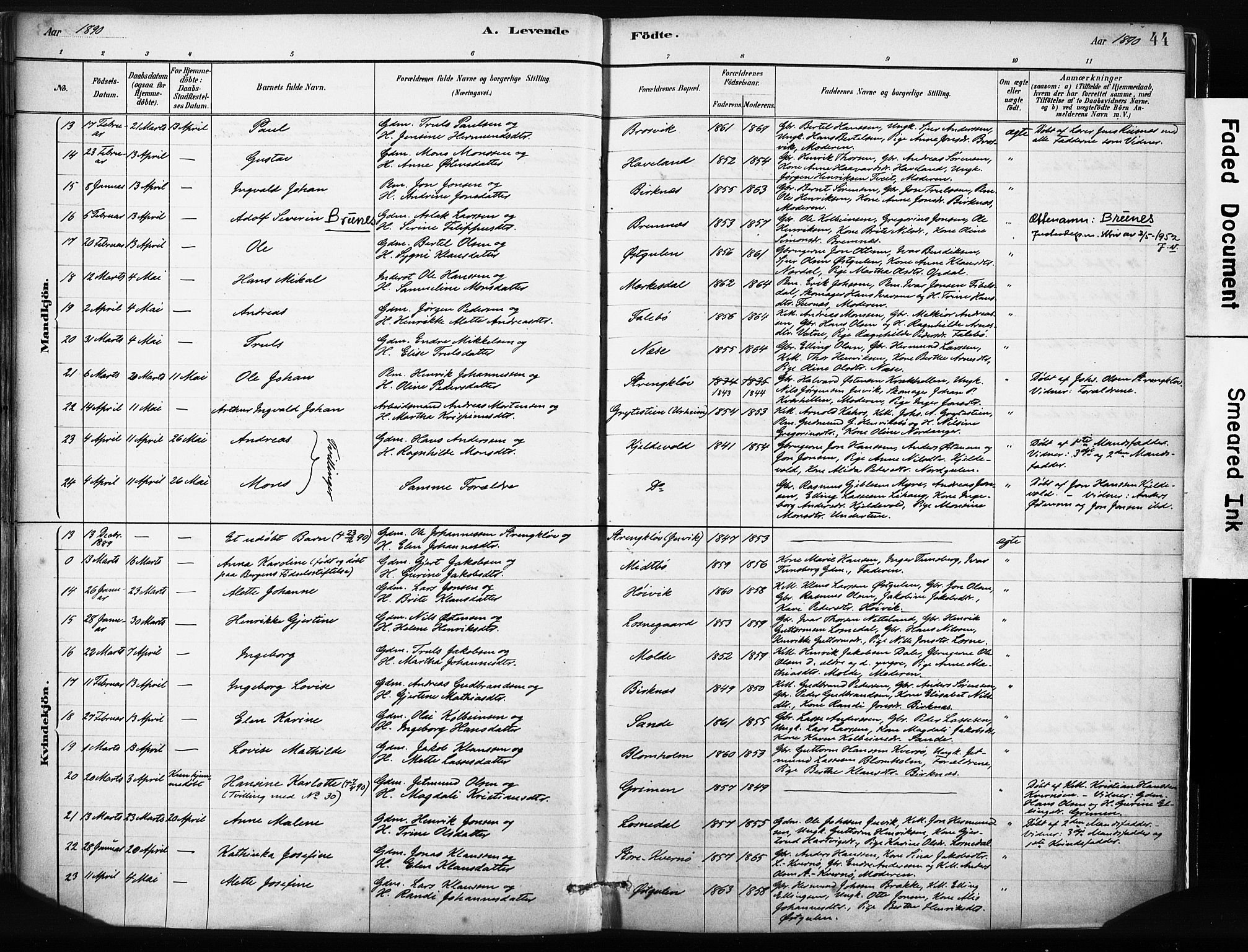 Gulen sokneprestembete, AV/SAB-A-80201/H/Haa/Haab/L0001: Parish register (official) no. B 1, 1881-1905, p. 44