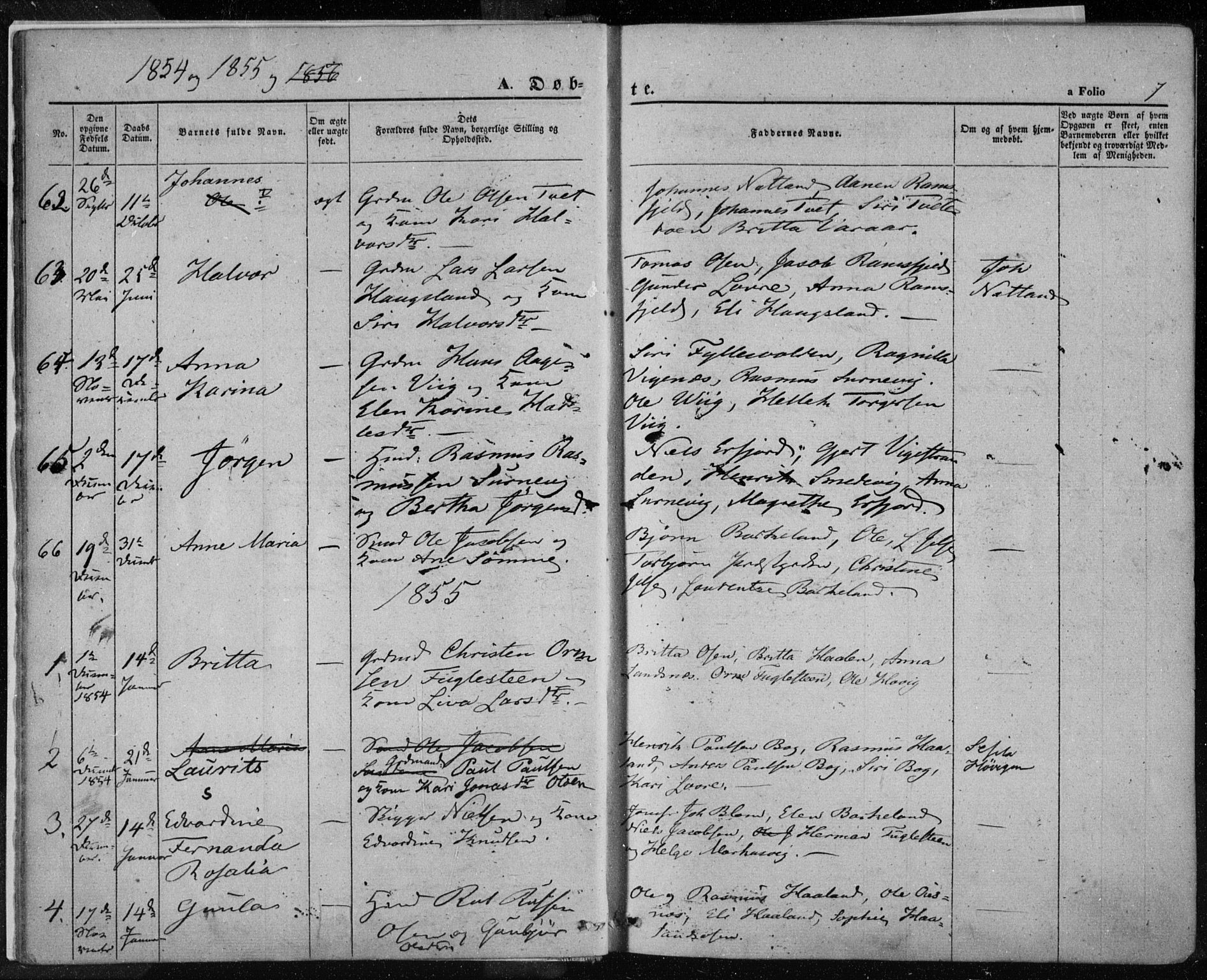 Jelsa sokneprestkontor, AV/SAST-A-101842/01/IV: Parish register (official) no. A 7, 1854-1866, p. 7