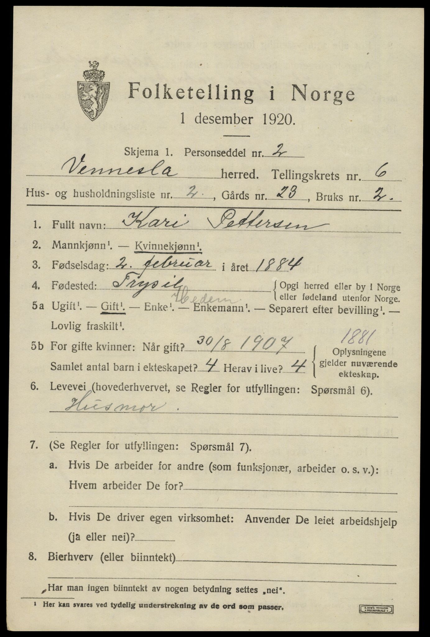 SAK, 1920 census for Vennesla, 1920, p. 4320