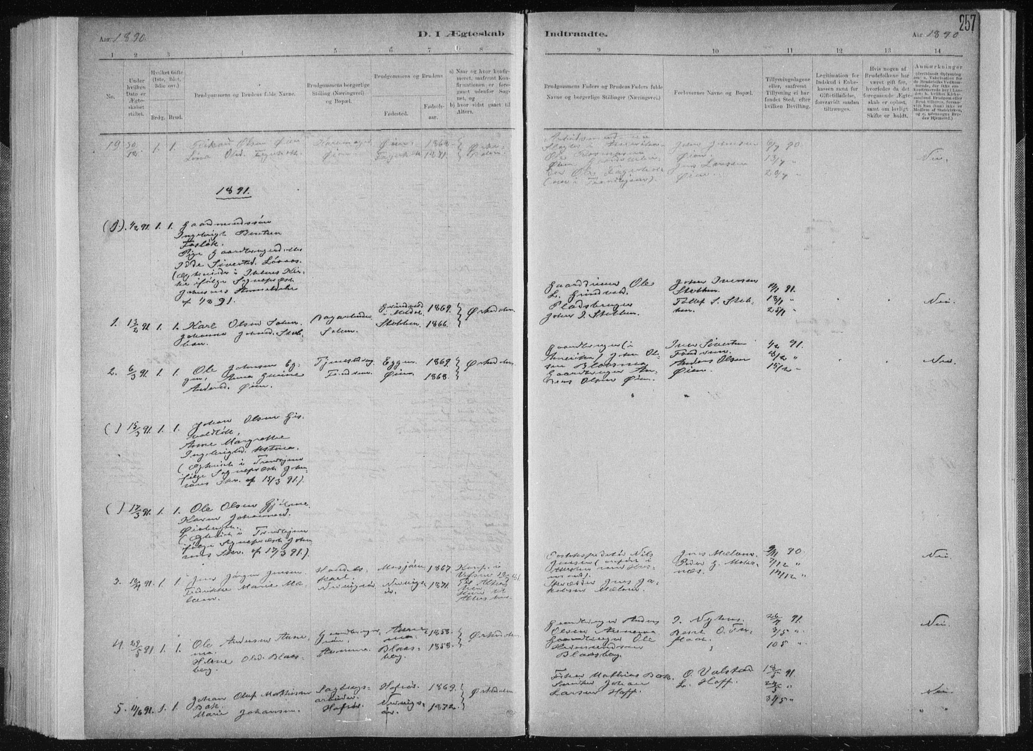 Ministerialprotokoller, klokkerbøker og fødselsregistre - Sør-Trøndelag, SAT/A-1456/668/L0818: Parish register (copy) no. 668C07, 1885-1898, p. 257