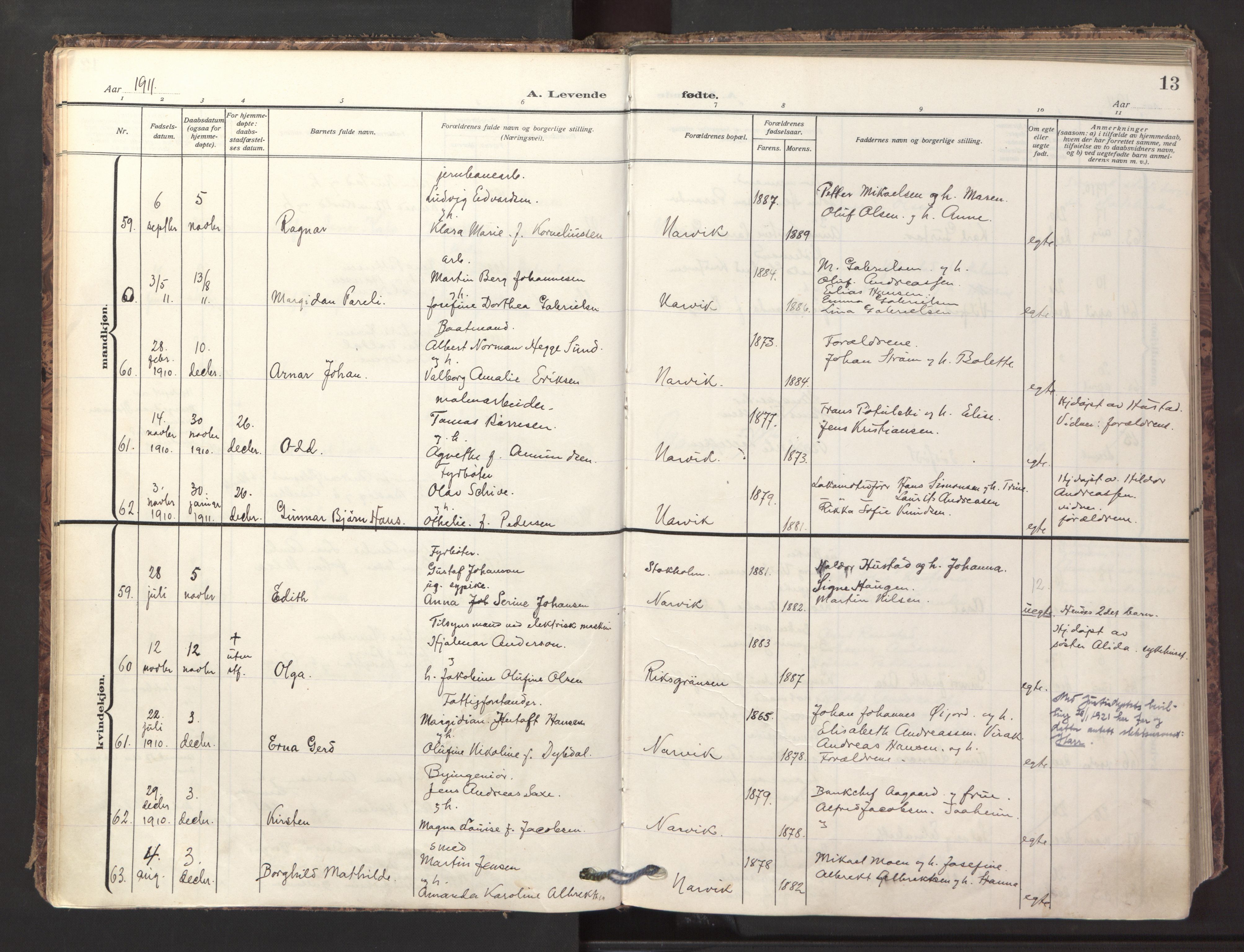 Ministerialprotokoller, klokkerbøker og fødselsregistre - Nordland, AV/SAT-A-1459/871/L1001: Parish register (official) no. 871A17, 1911-1921, p. 13