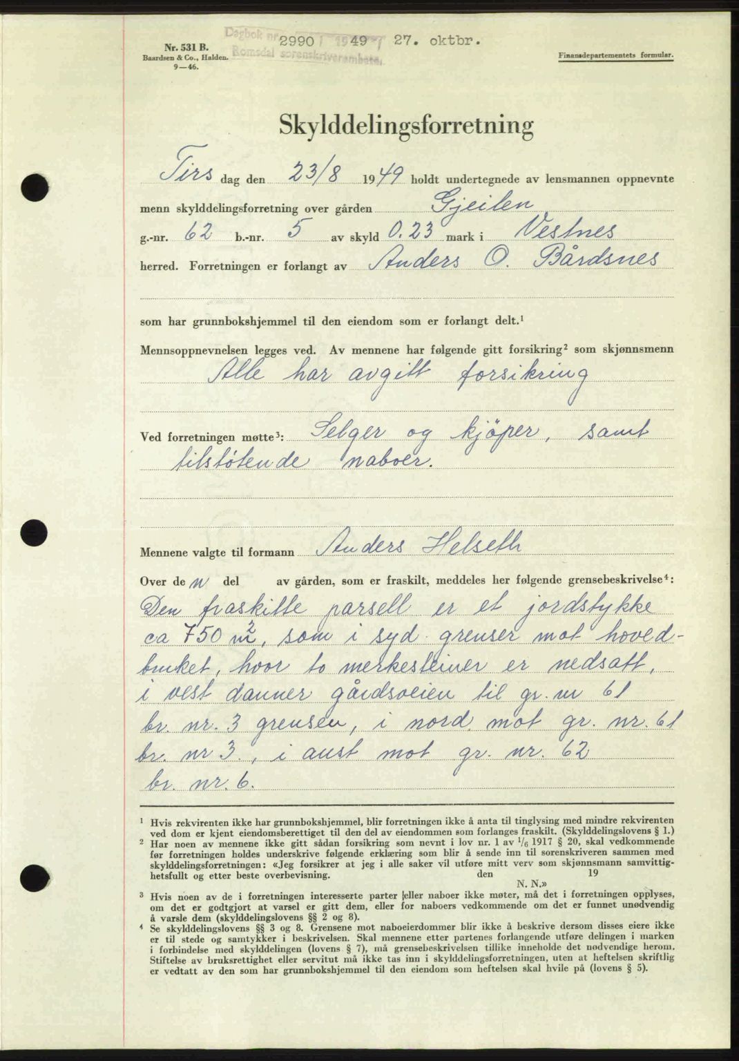 Romsdal sorenskriveri, AV/SAT-A-4149/1/2/2C: Mortgage book no. A31, 1949-1949, Diary no: : 2990/1949