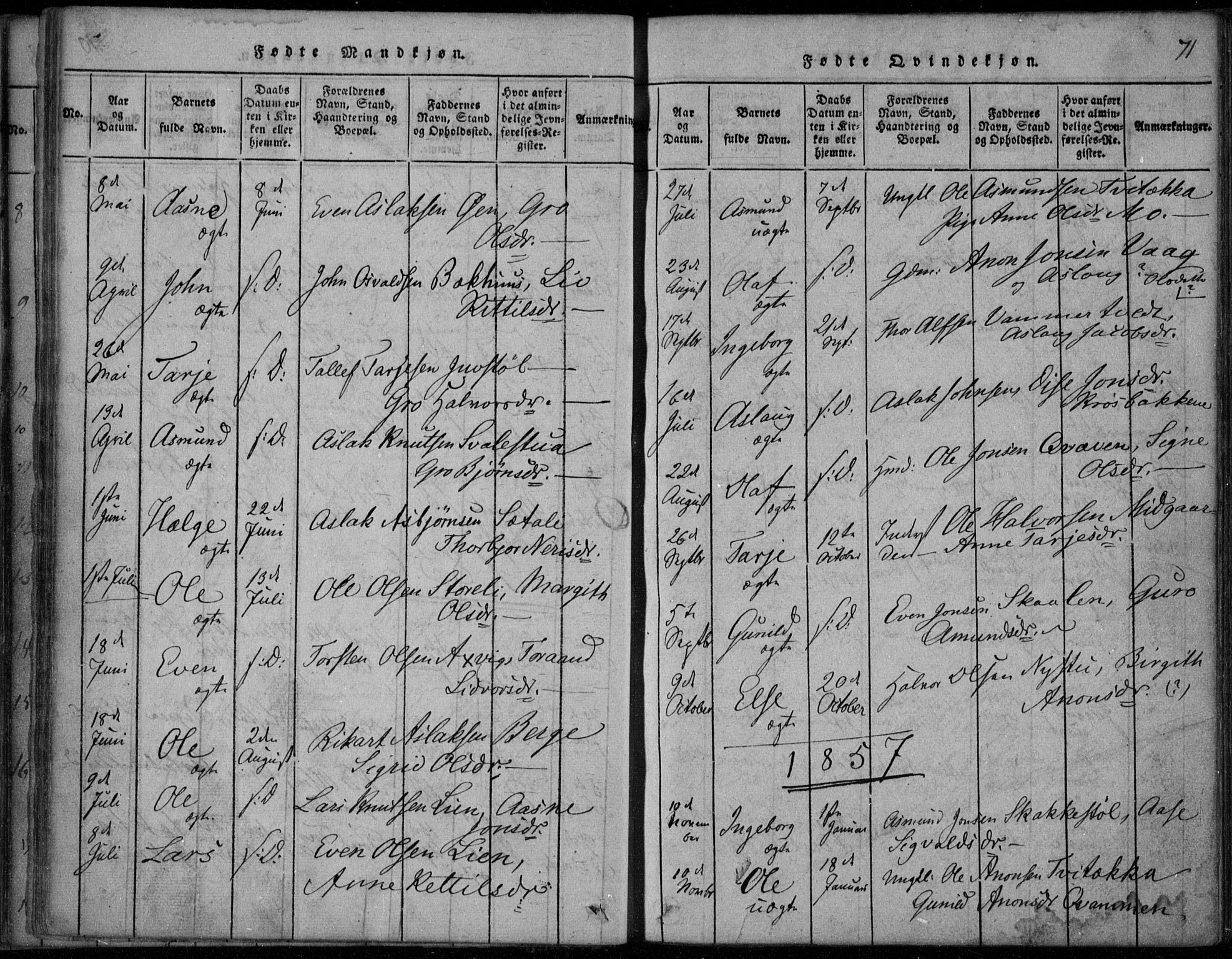 Rauland kirkebøker, SAKO/A-292/F/Fa/L0001: Parish register (official) no. 1, 1814-1859, p. 71