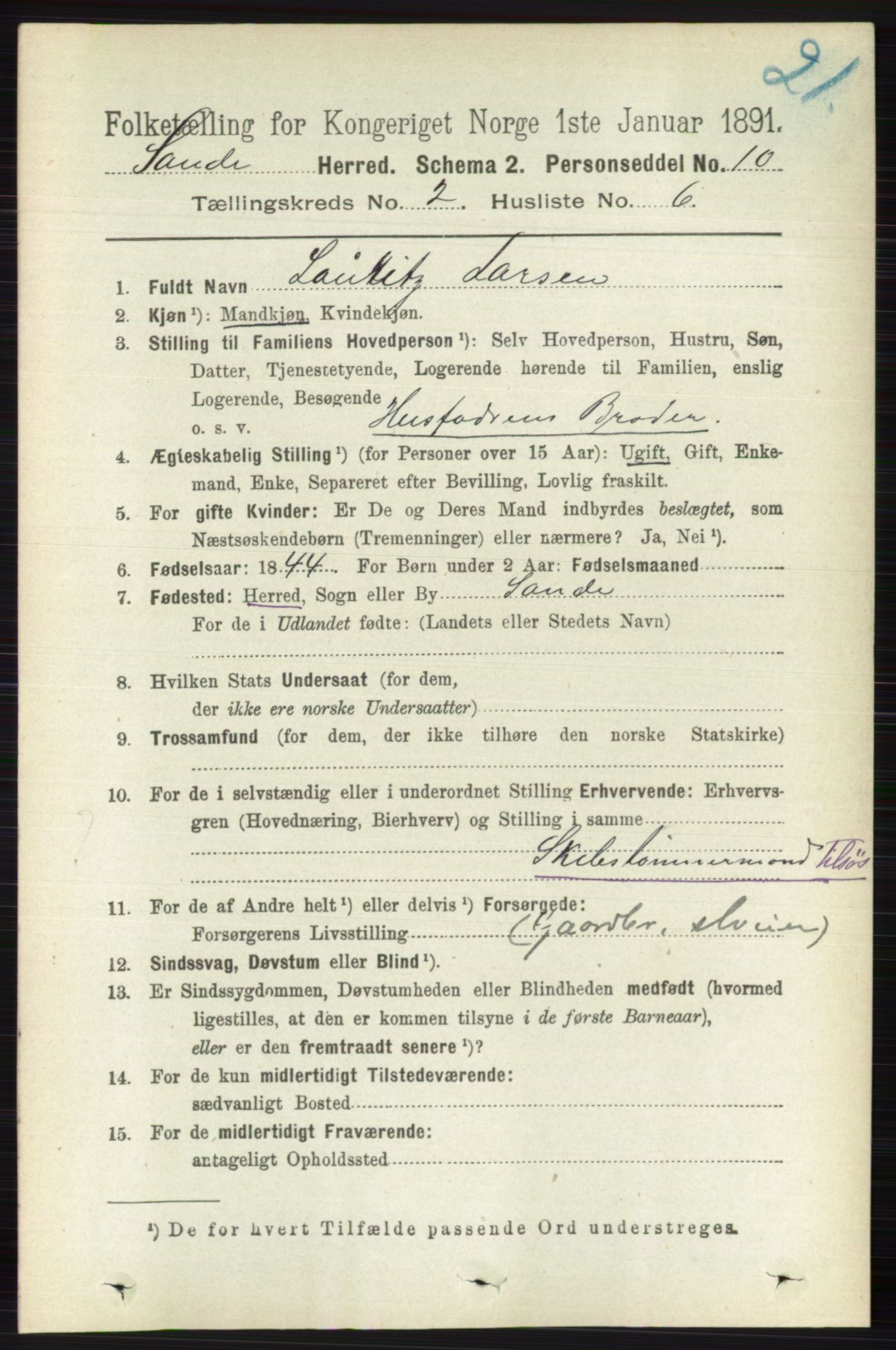 RA, 1891 census for 0713 Sande, 1891, p. 551